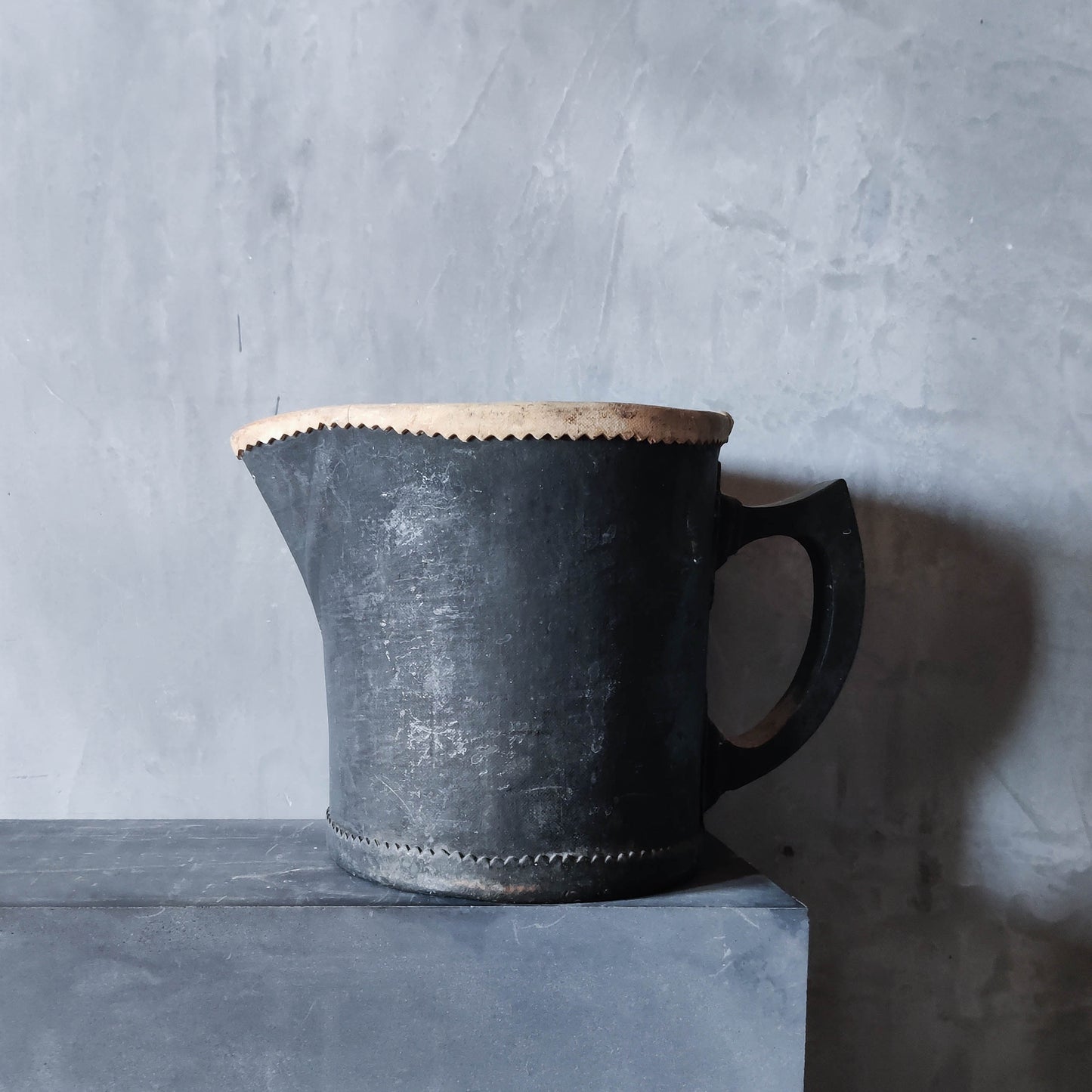 English Antique early leather or cloth Bombard jug Blackjack pitcher black