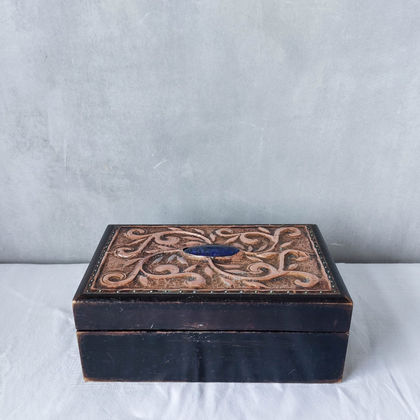 Vintage Arts & Crafts handmade repousee copper wooden box with blue Ruskin cabochon