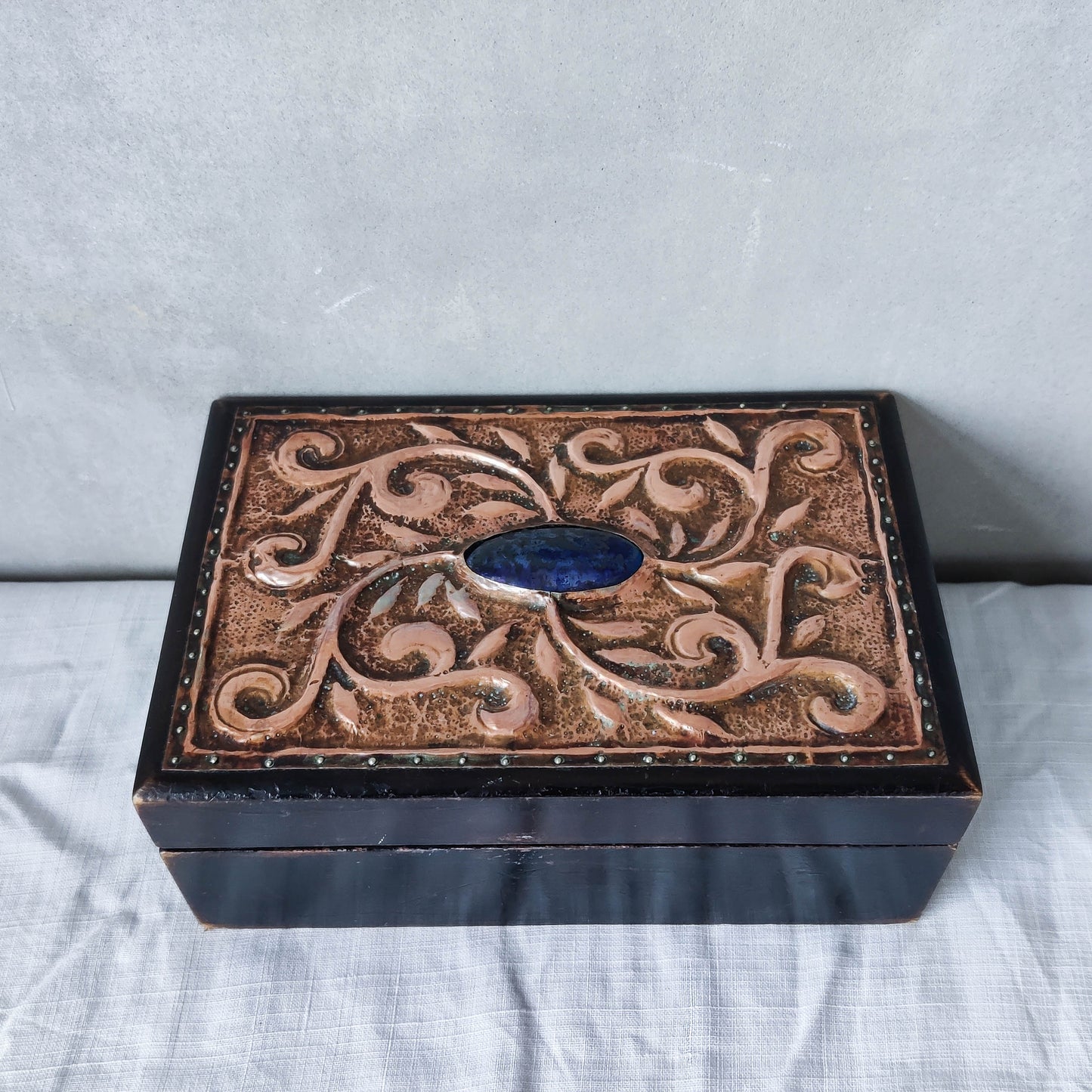 Vintage Arts & Crafts handmade repousee copper wooden box with blue Ruskin cabochon