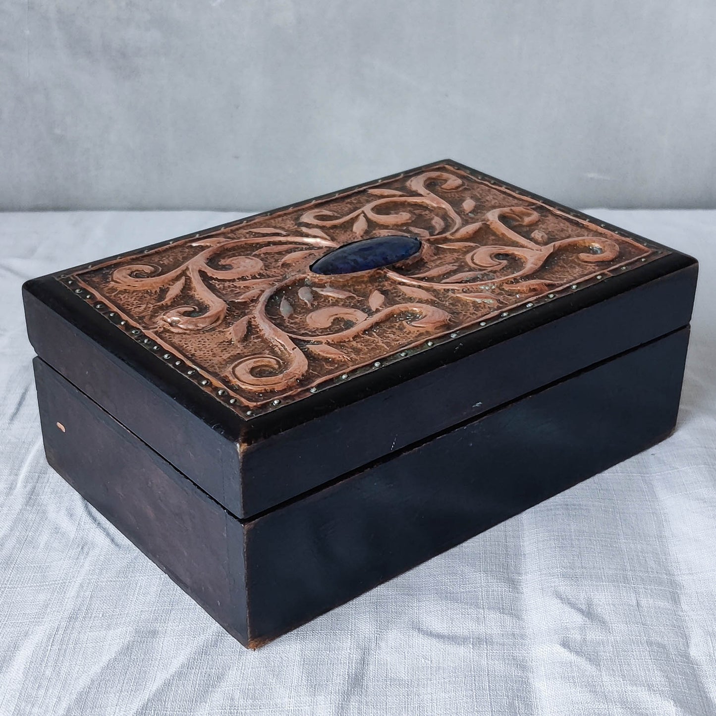 Vintage Arts & Crafts handmade repousee copper wooden box with blue Ruskin cabochon