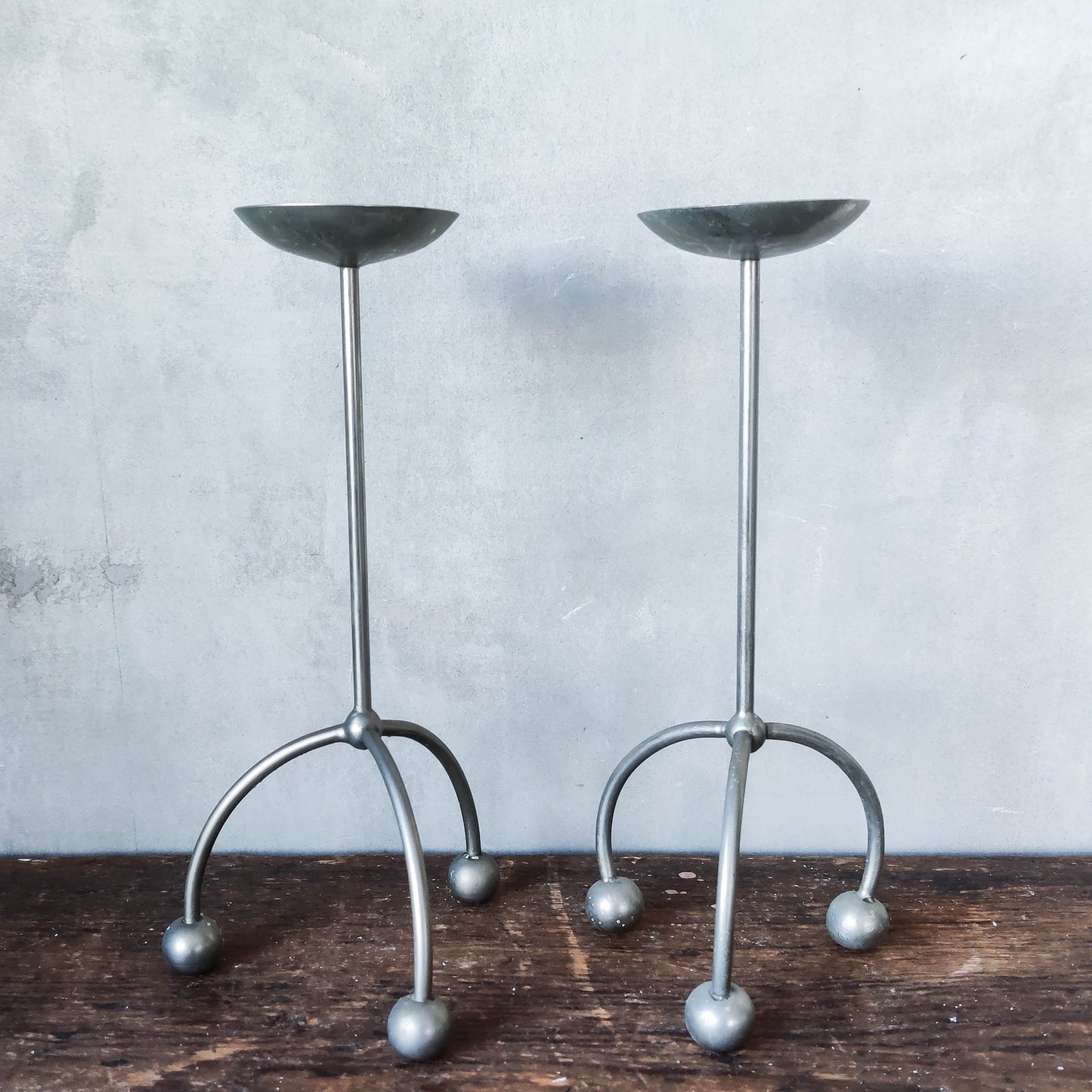 Vintage pair ball footed whimsical modernist candlesticks holders metal 24cms