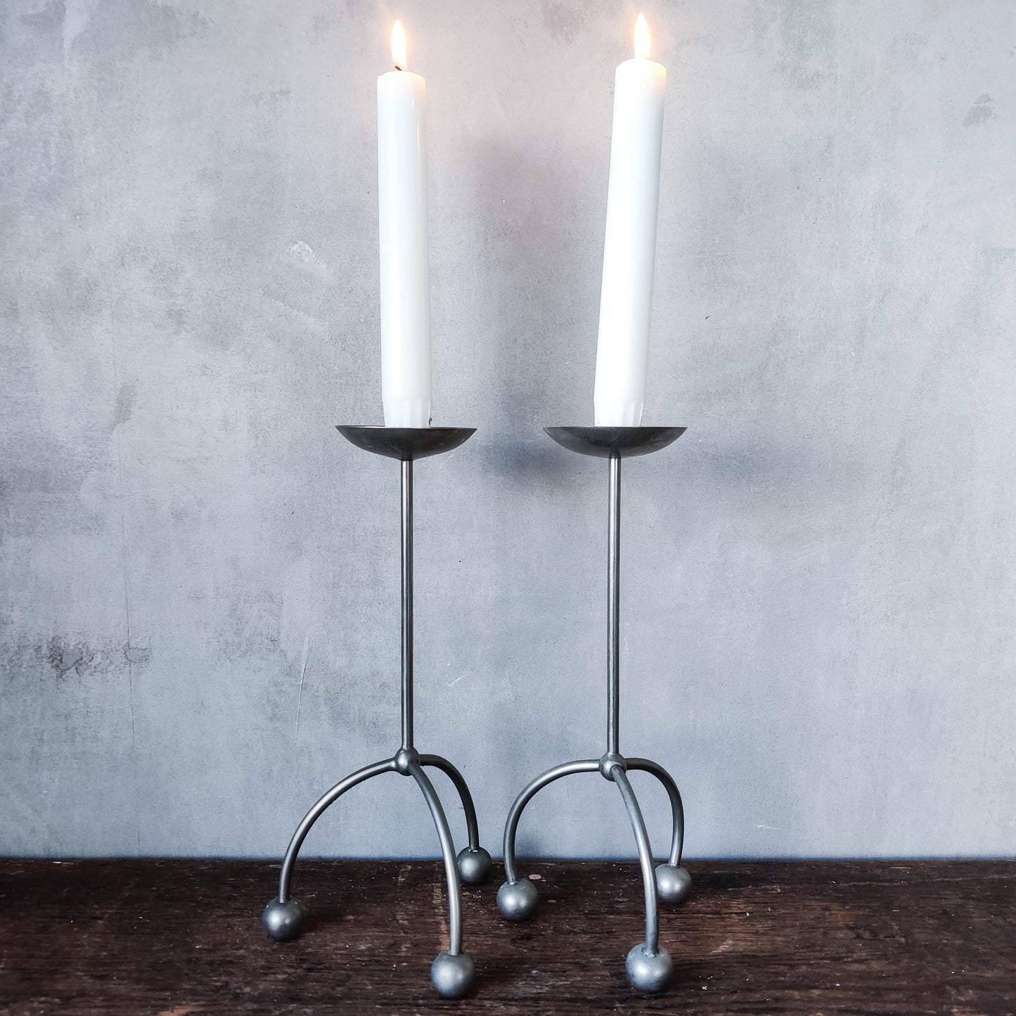 Vintage pair ball footed whimsical modernist candlesticks holders metal 24cms