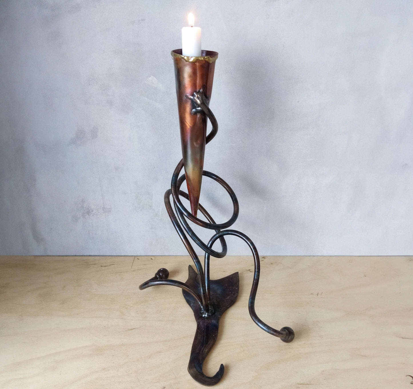 Artisan made welded forged metalwork twisted organic form candlestick sculpture