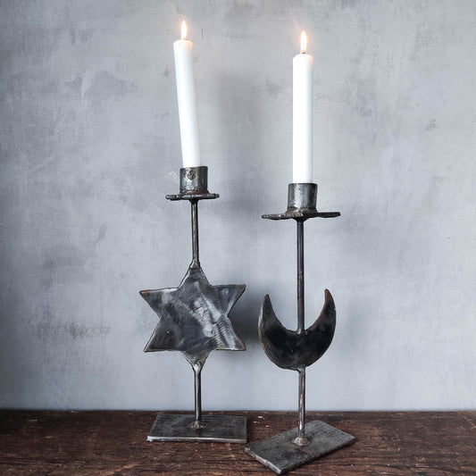 Welded celestial sun moon artist made steel candle holders