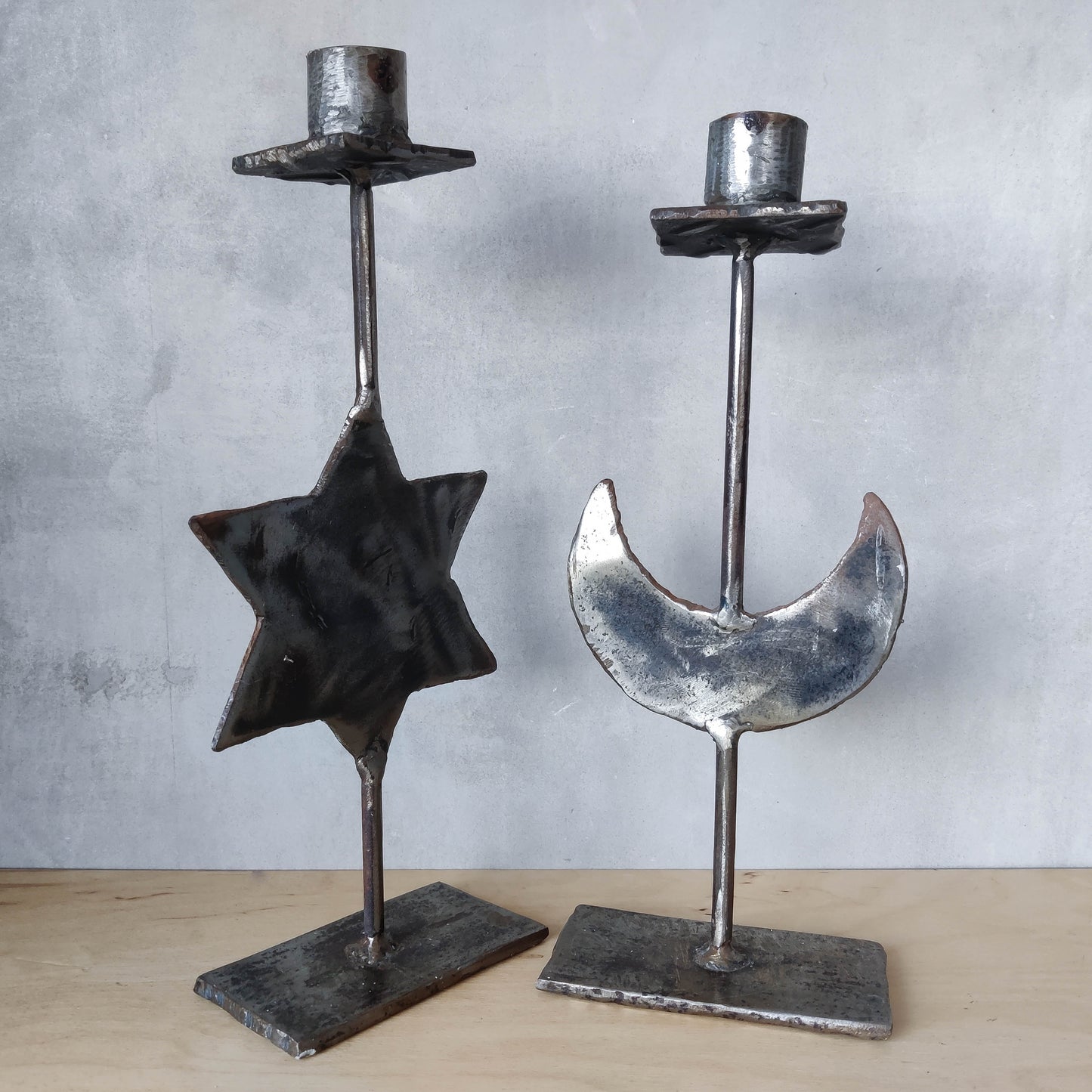 Welded celestial sun moon artist made steel candle holders