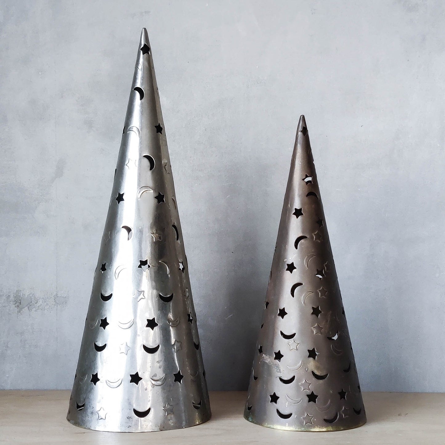Pair of 1990s celestial metal sun moon cone candle lanterns
