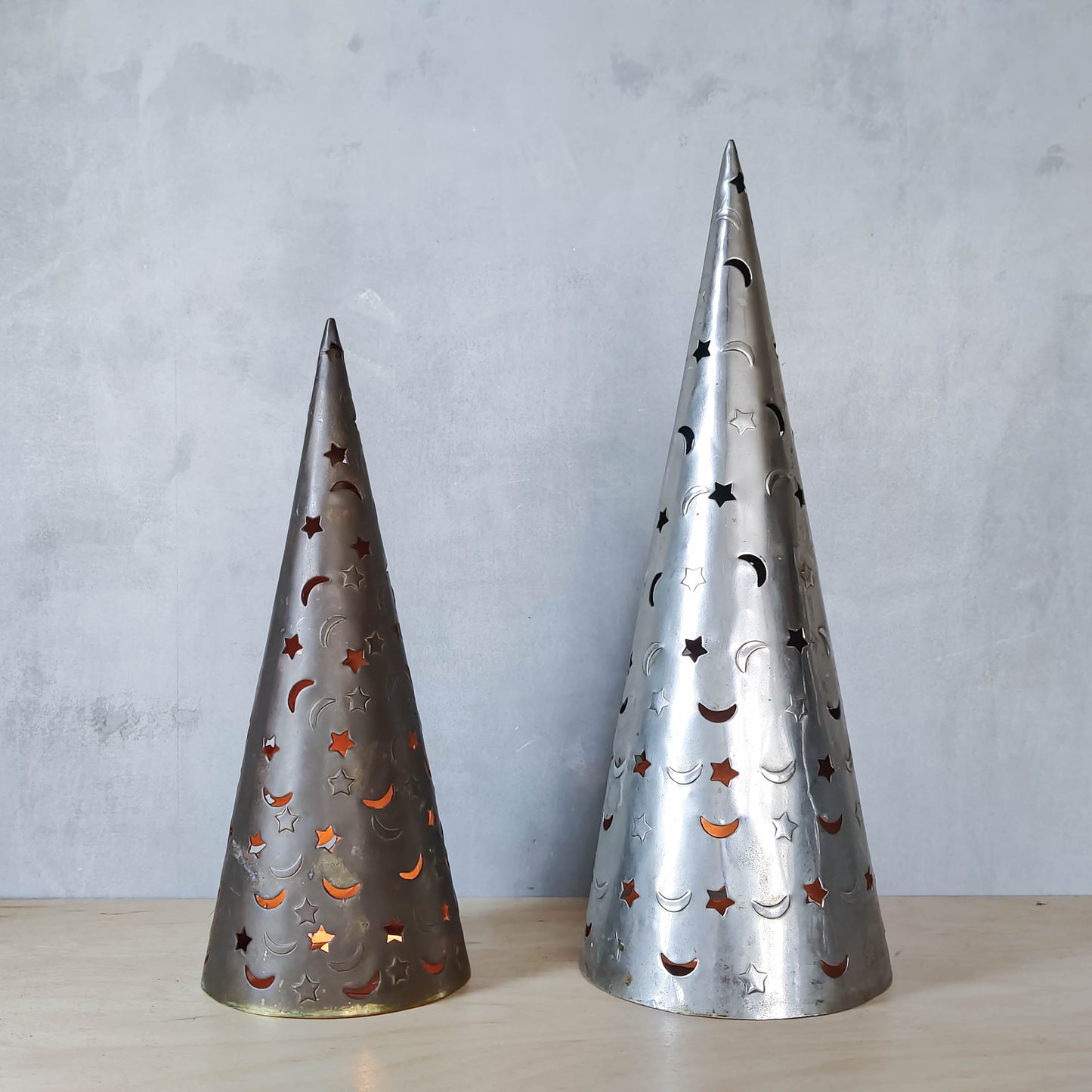 Pair of 1990s celestial metal sun moon cone candle lanterns