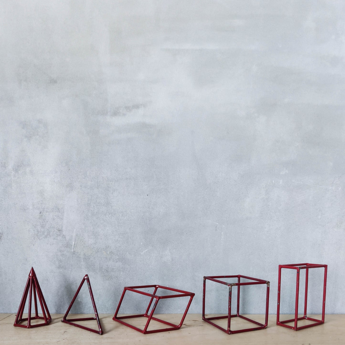 Vintage set of 5 geometric steel wire red 1950s shapes models teaching modernist