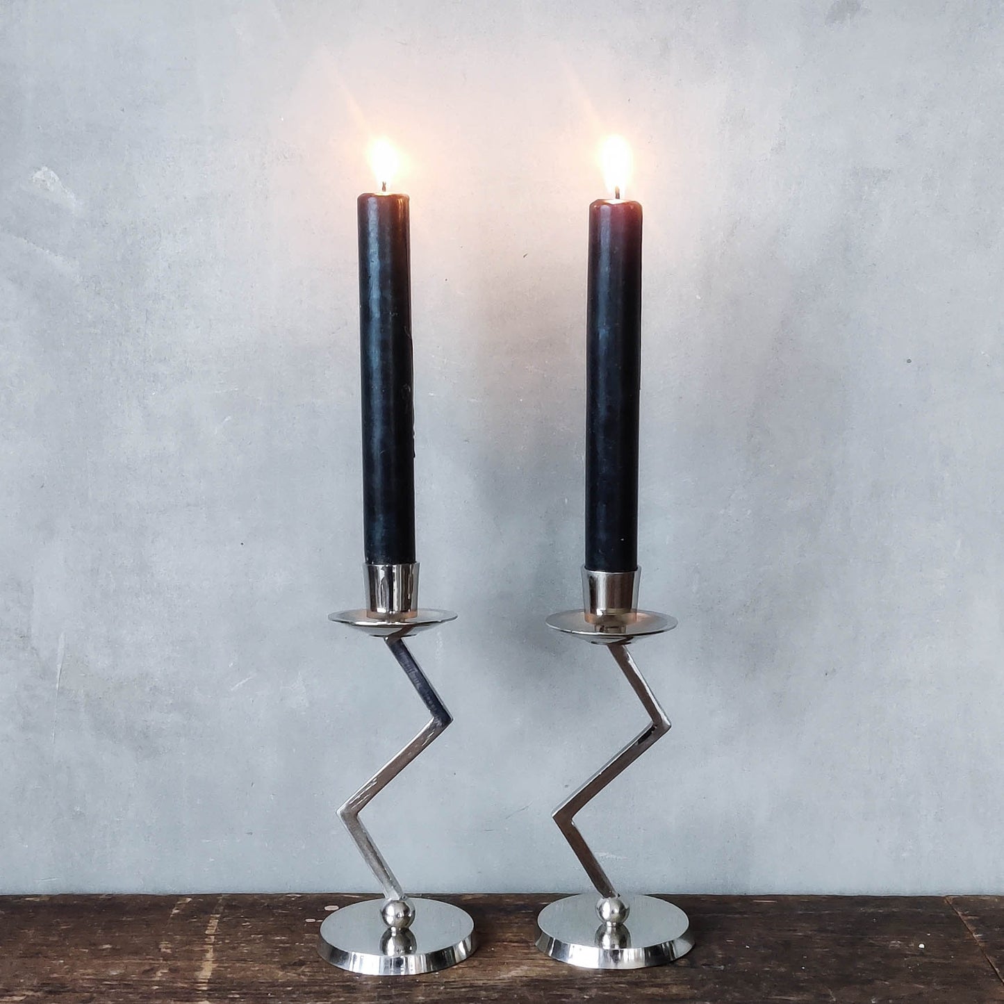 Pair vtg 90s zigzag zig zag postmodern style chrome silver metal candle holders