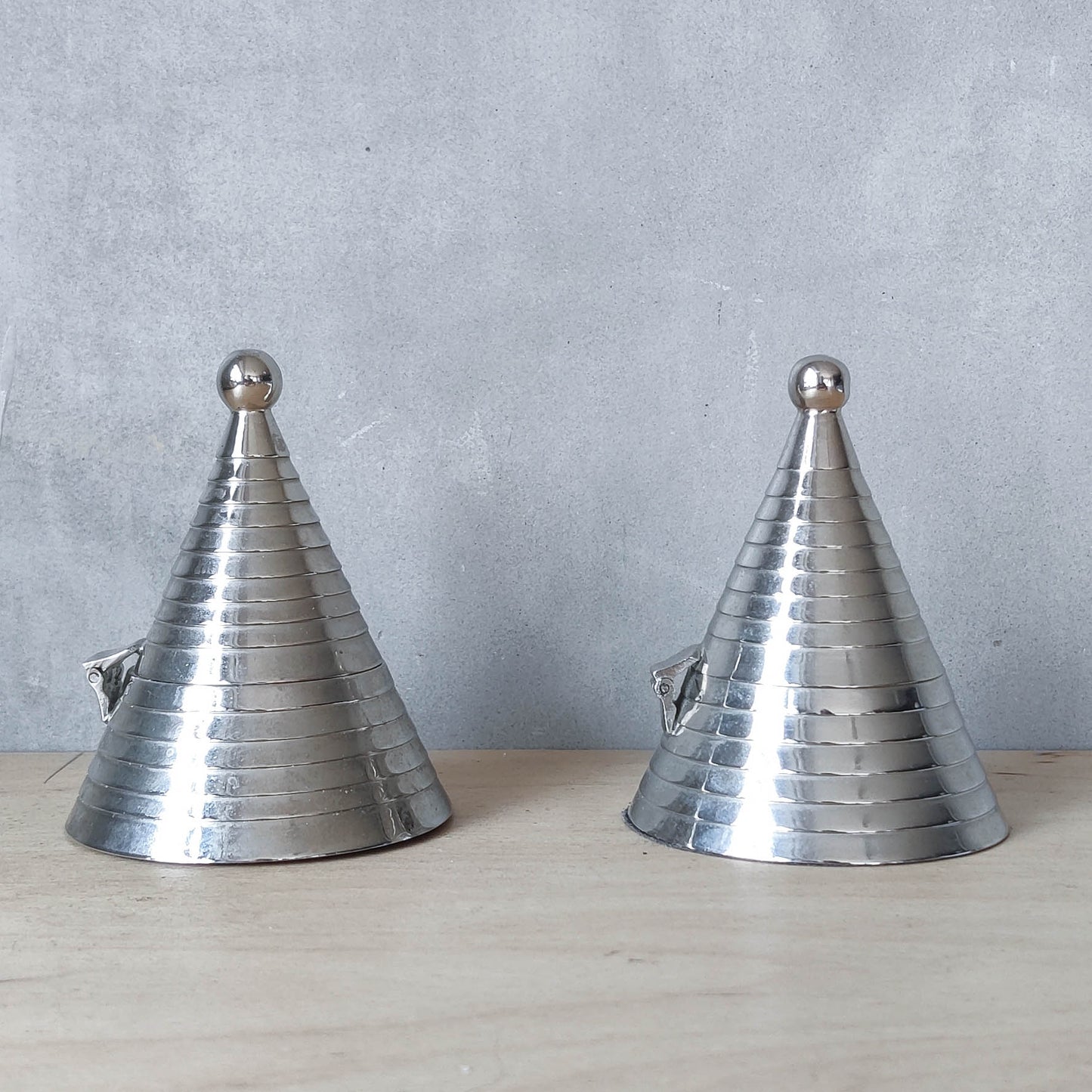 Pair vintage conical silver ribbed chrome tea light holders Aldo Rossi Alessi modernist