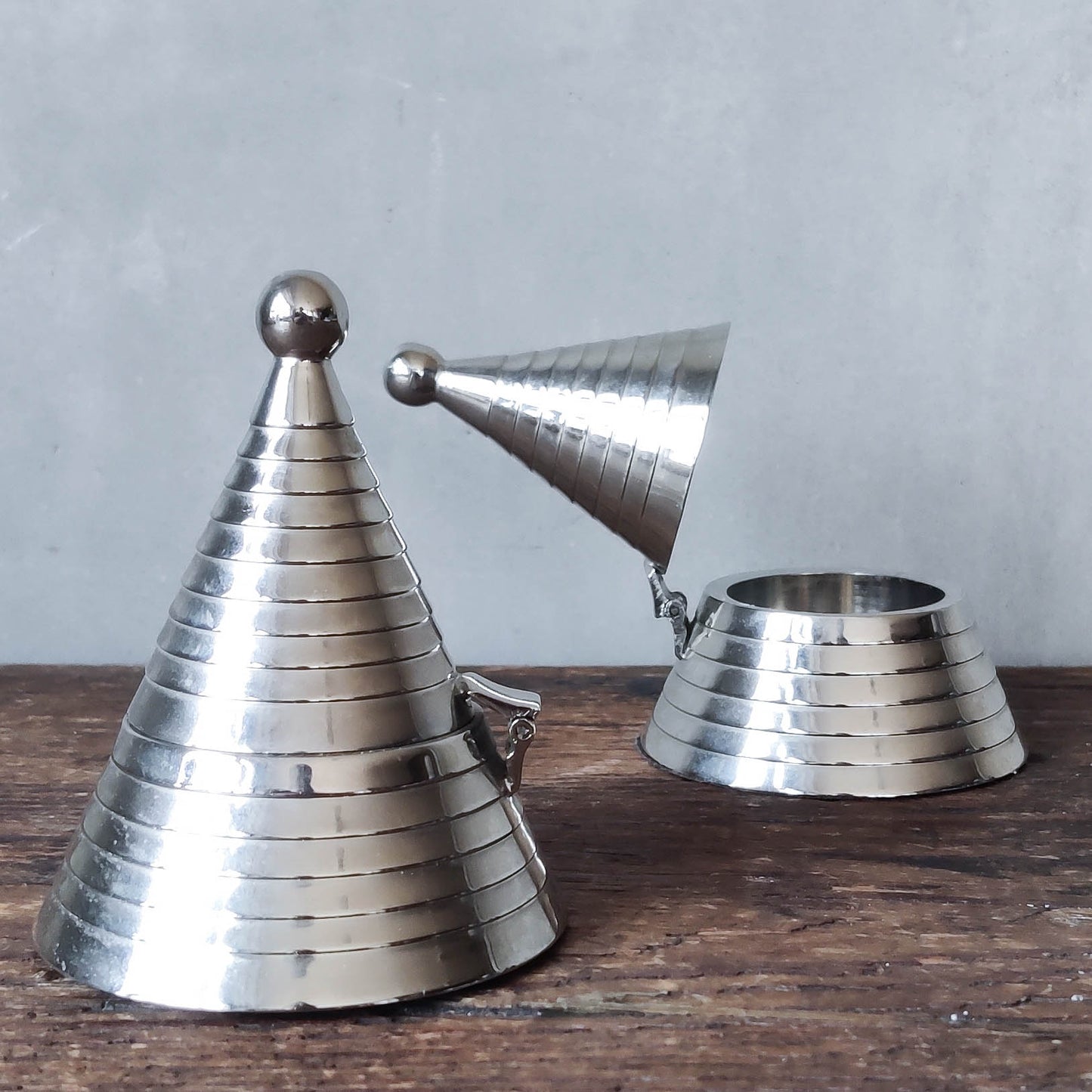 Pair vintage conical silver ribbed chrome tea light holders Aldo Rossi Alessi modernist