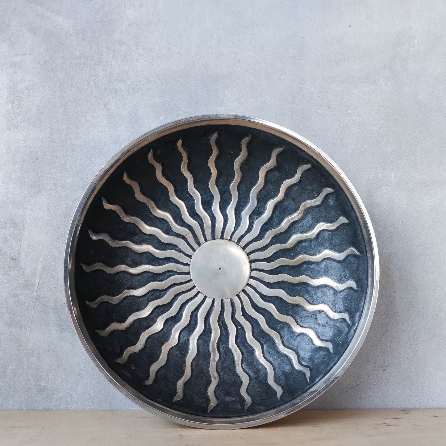 Vintage silver metal sun celestial footed Art Deco bowl dish vide poche enamel