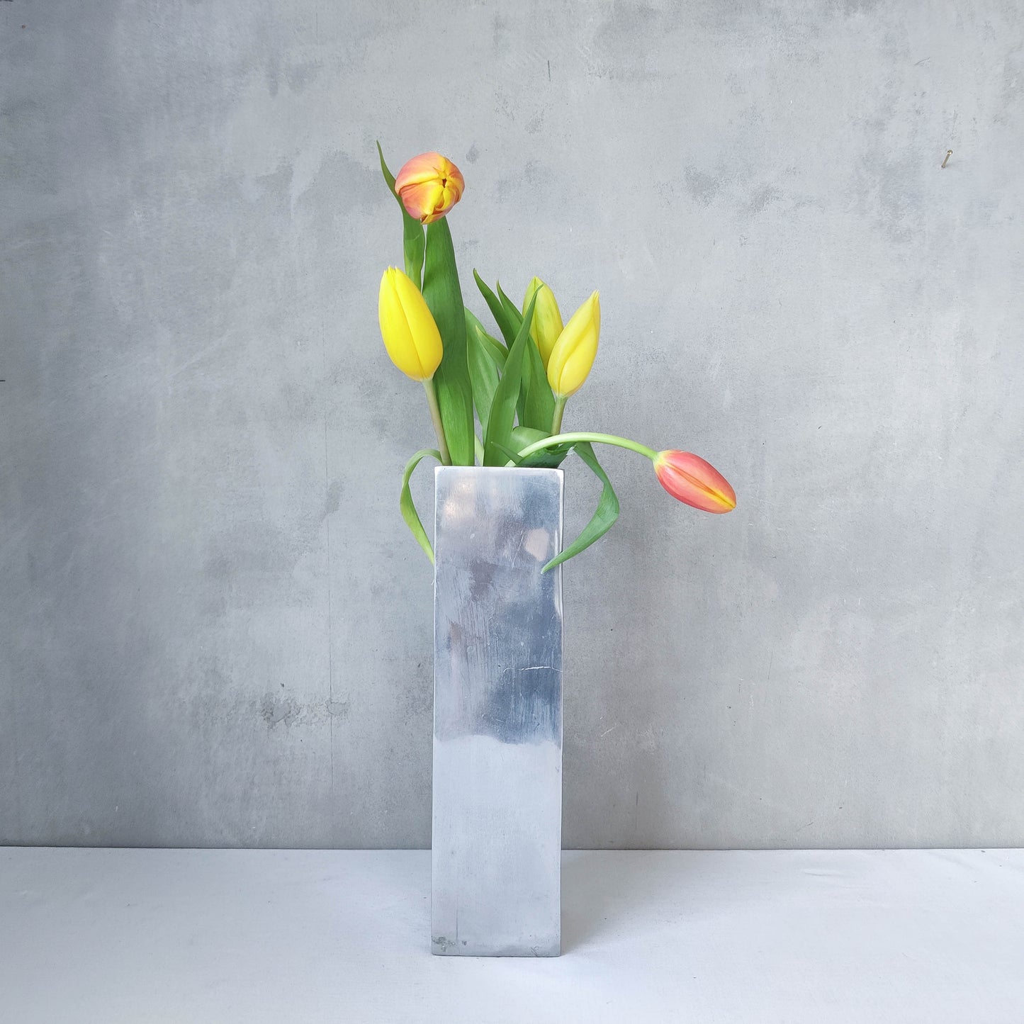 Vintage 00s sculptural cast aluminium silver metal square geometric vase