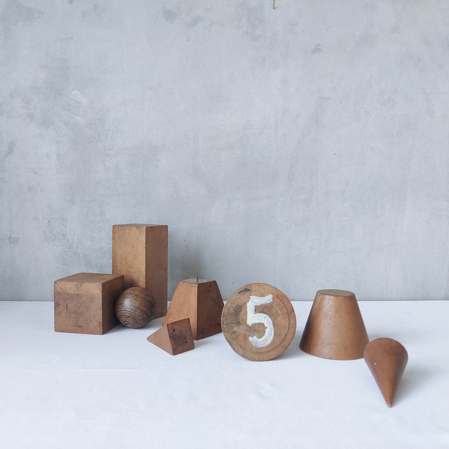 Set of 1950s teaching drawing wooden geometric models sculptures