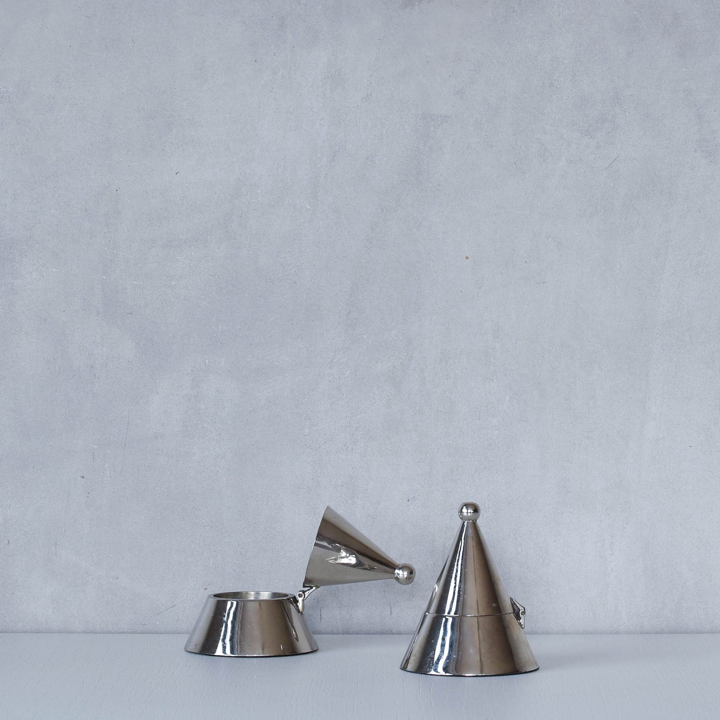 Pair vintage conical silver chrome tea light holders Aldo Rossi Alessi modernist