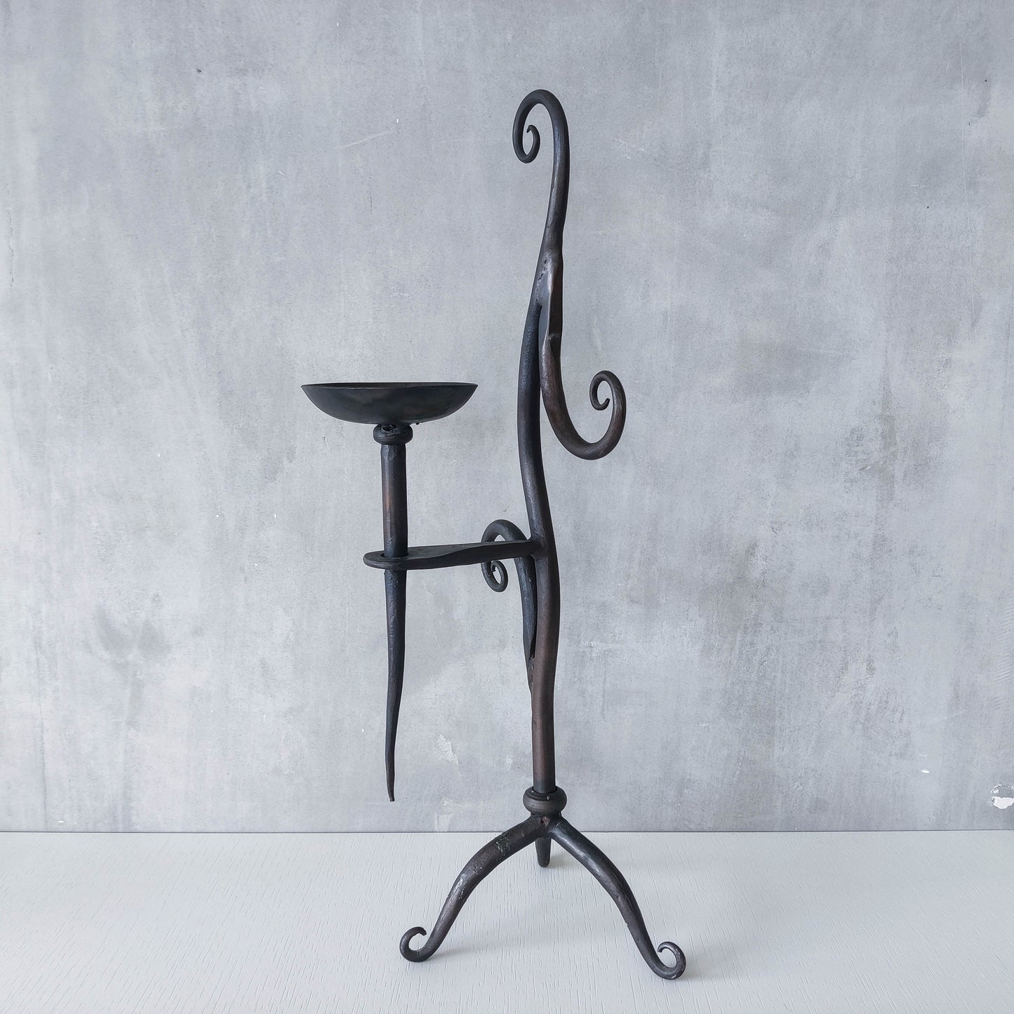 Vintage artisanal wrought iron blacksmith sculptural large candle holder