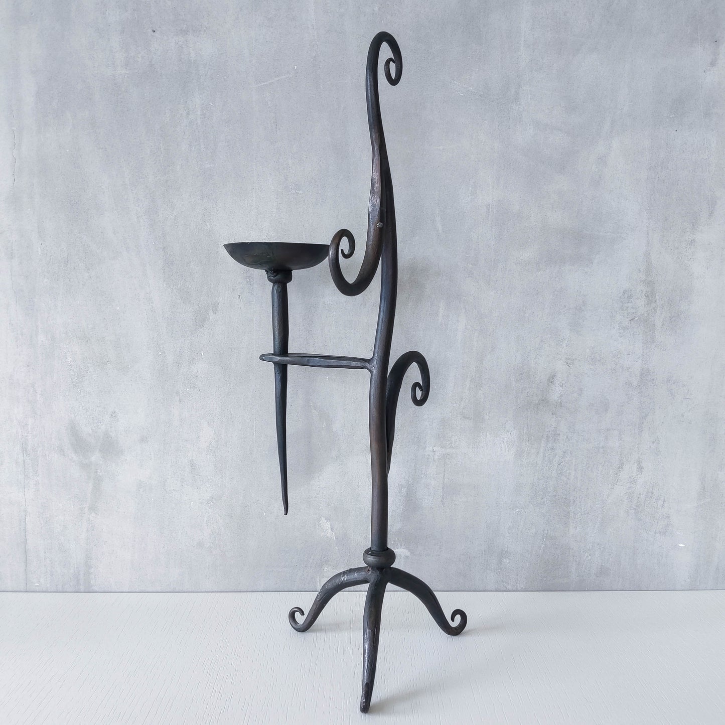 Vintage artisanal wrought iron blacksmith sculptural large candle holder