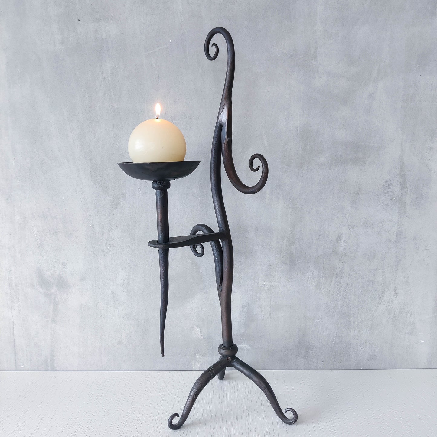 Vintage artisanal wrought iron blacksmith sculptural large candle holder