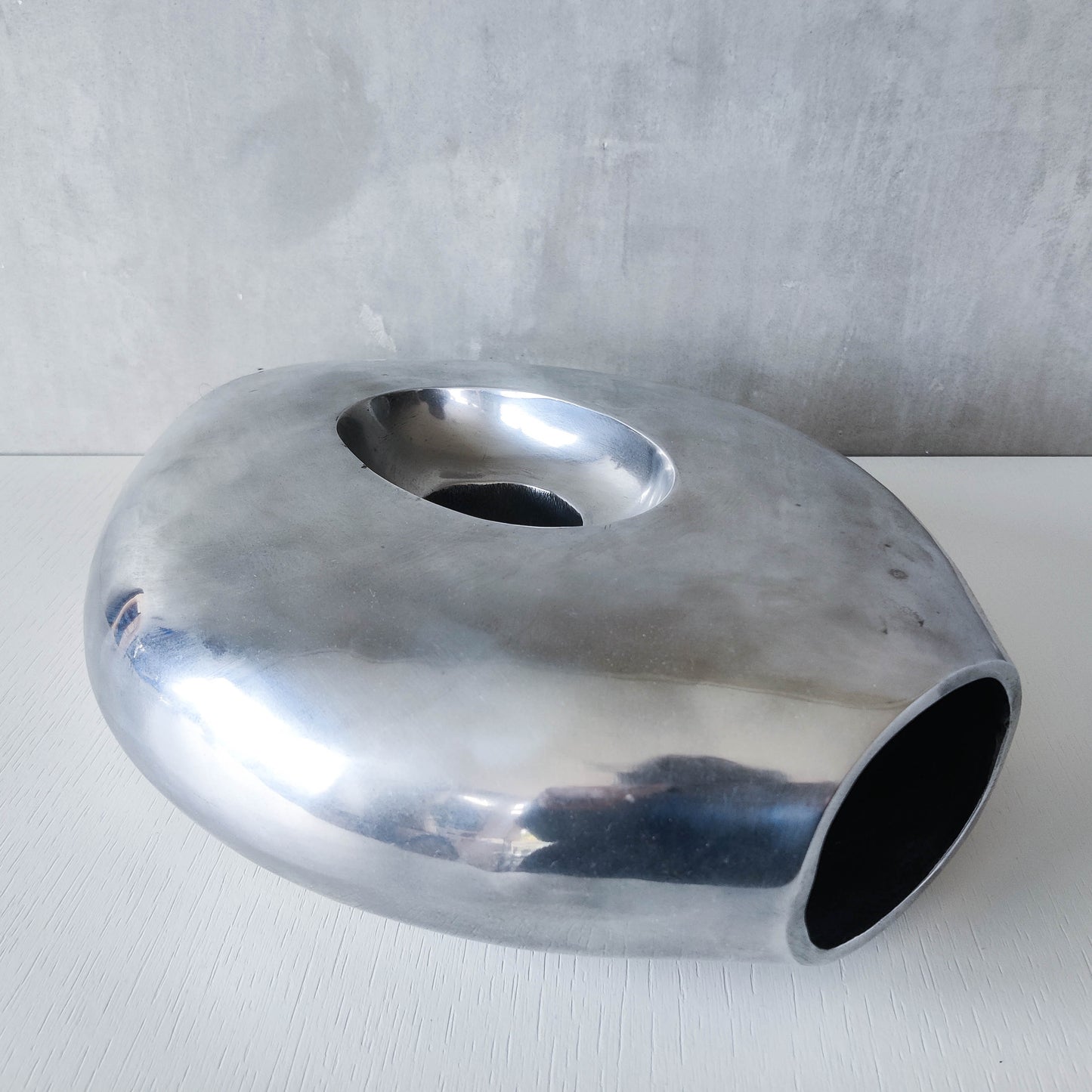 Vintage large sculptural modernist hand cast aluminium oval donut vase 32cm