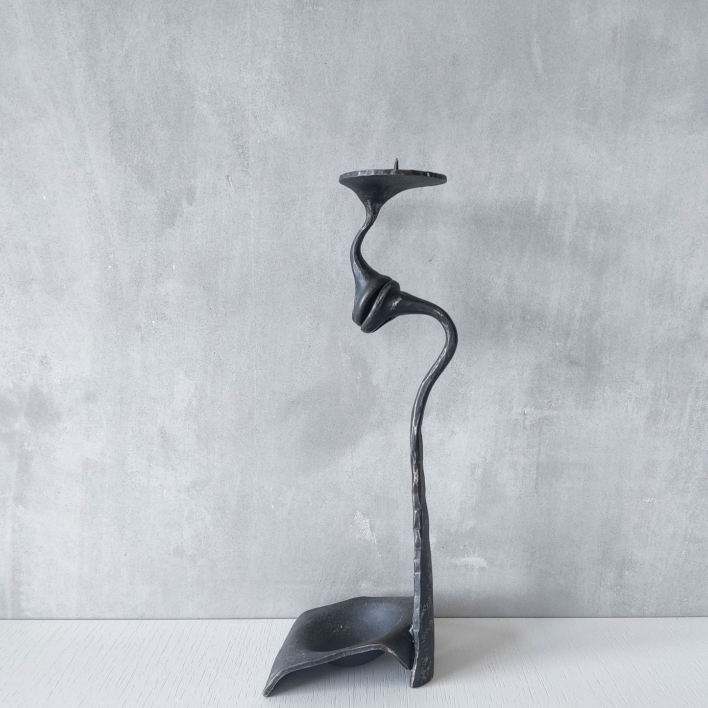 Vintage artisanal wrought forged steel surreal double candle holder sculpture RV