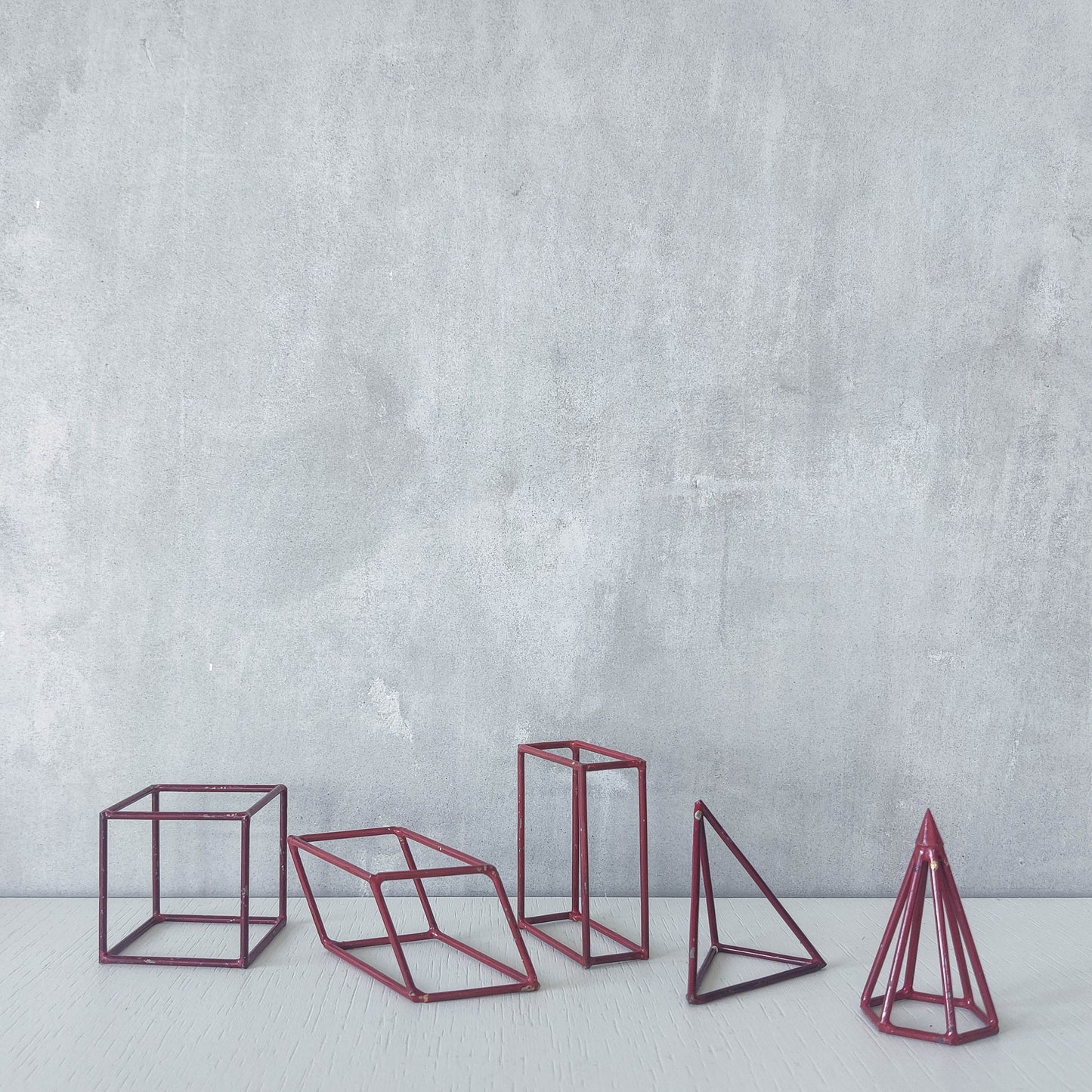 Vintage set of 5 geometric steel wire red 1950s shapes models teaching modernist