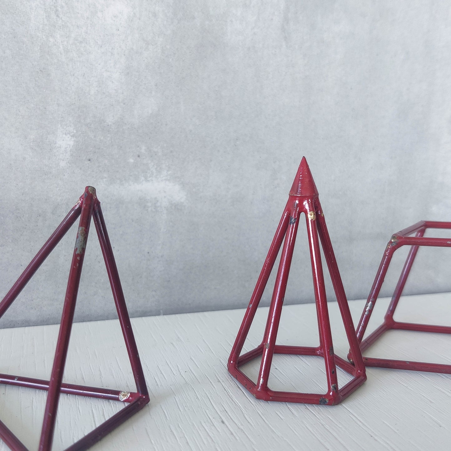 Vintage set of 5 geometric steel wire red 1950s shapes models teaching modernist