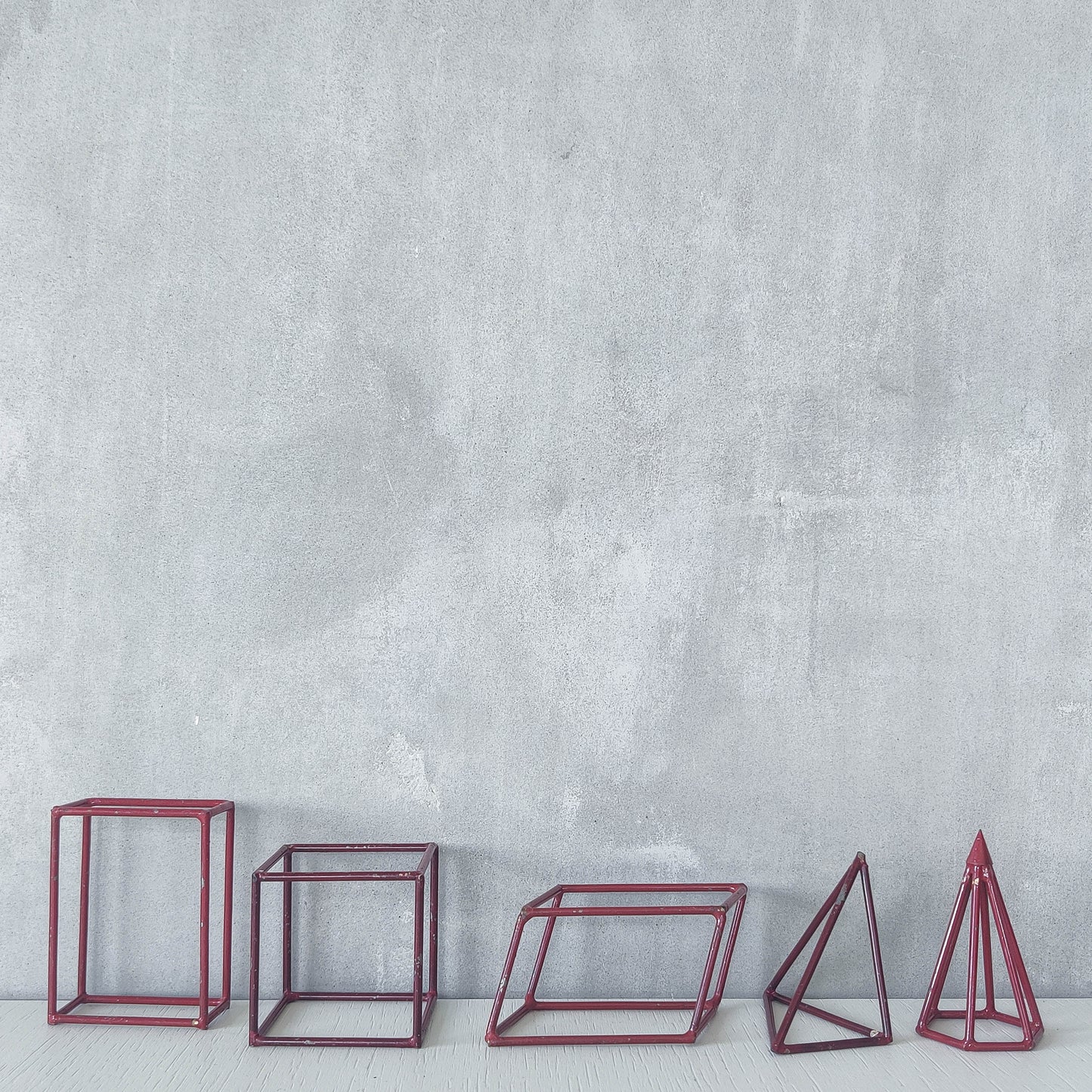 Vintage set of 5 geometric steel wire red 1950s shapes models teaching modernist
