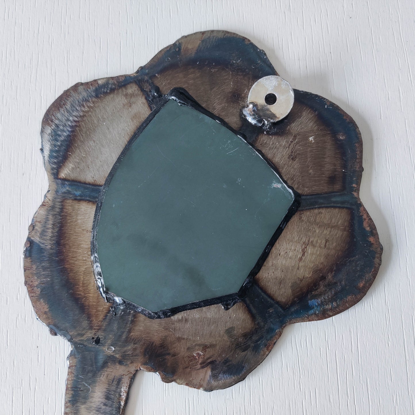 Artist made metalwork welded scorched torch cut steel naive brutalist mirror