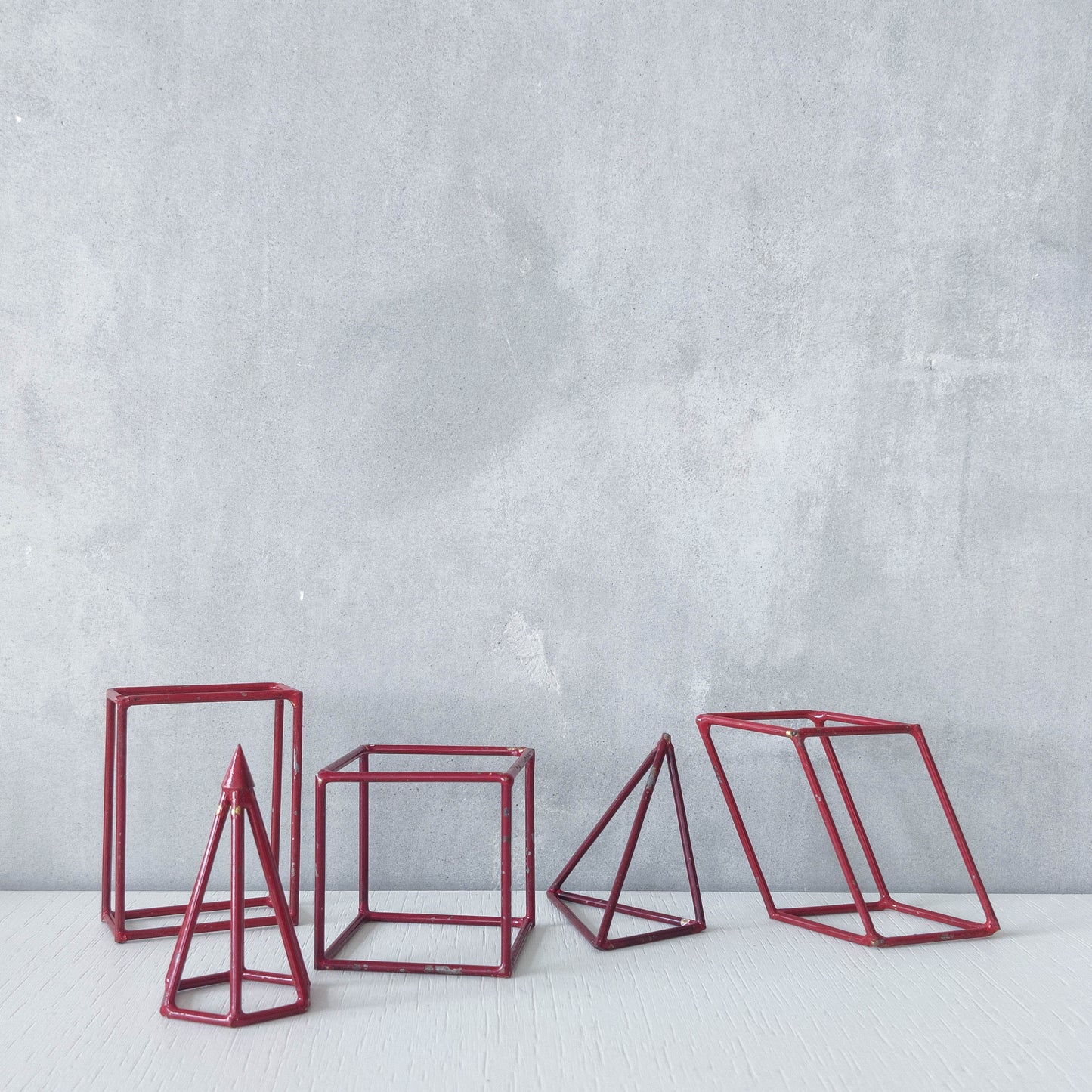 Vintage set of 5 geometric steel wire red 1950s shapes models teaching modernist