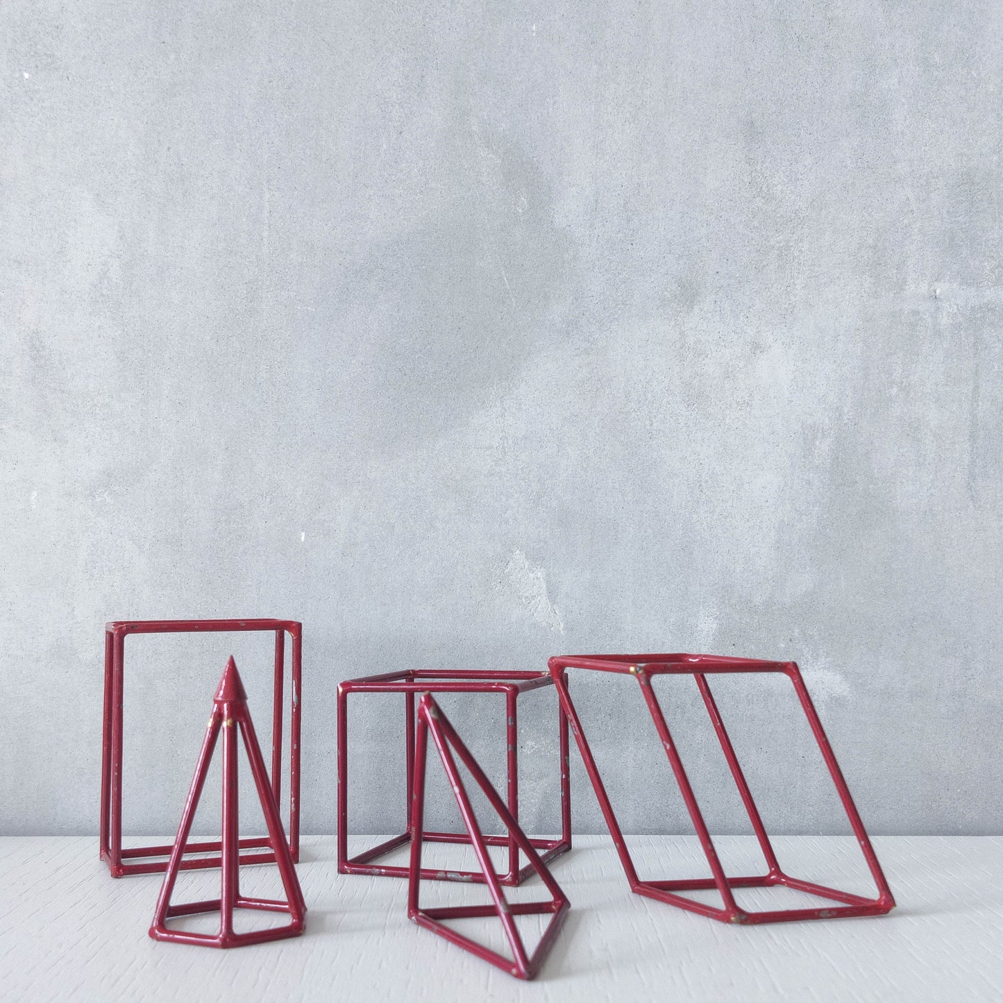 Vintage set of 5 geometric steel wire red 1950s shapes models teaching modernist