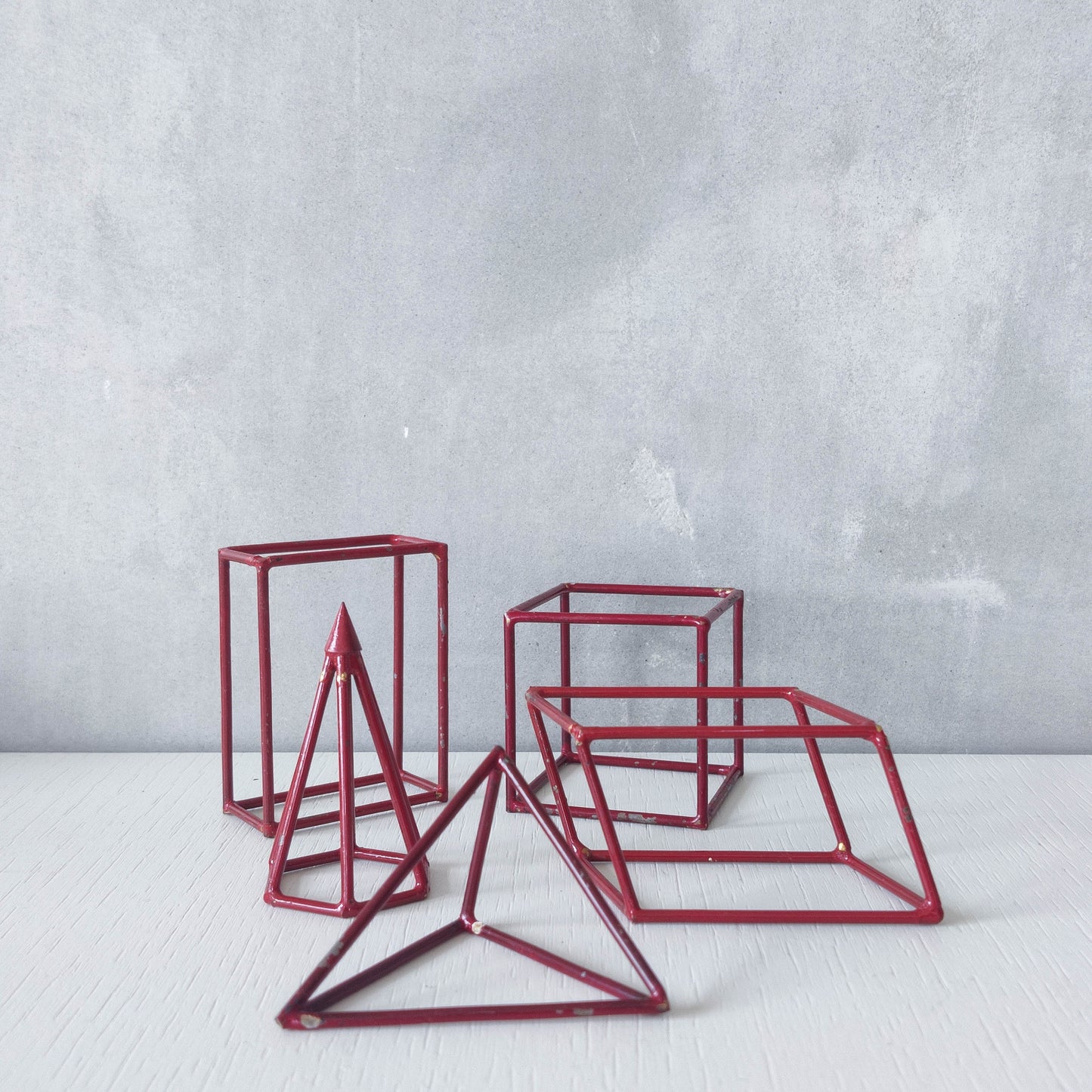Vintage set of 5 geometric steel wire red 1950s shapes models teaching modernist