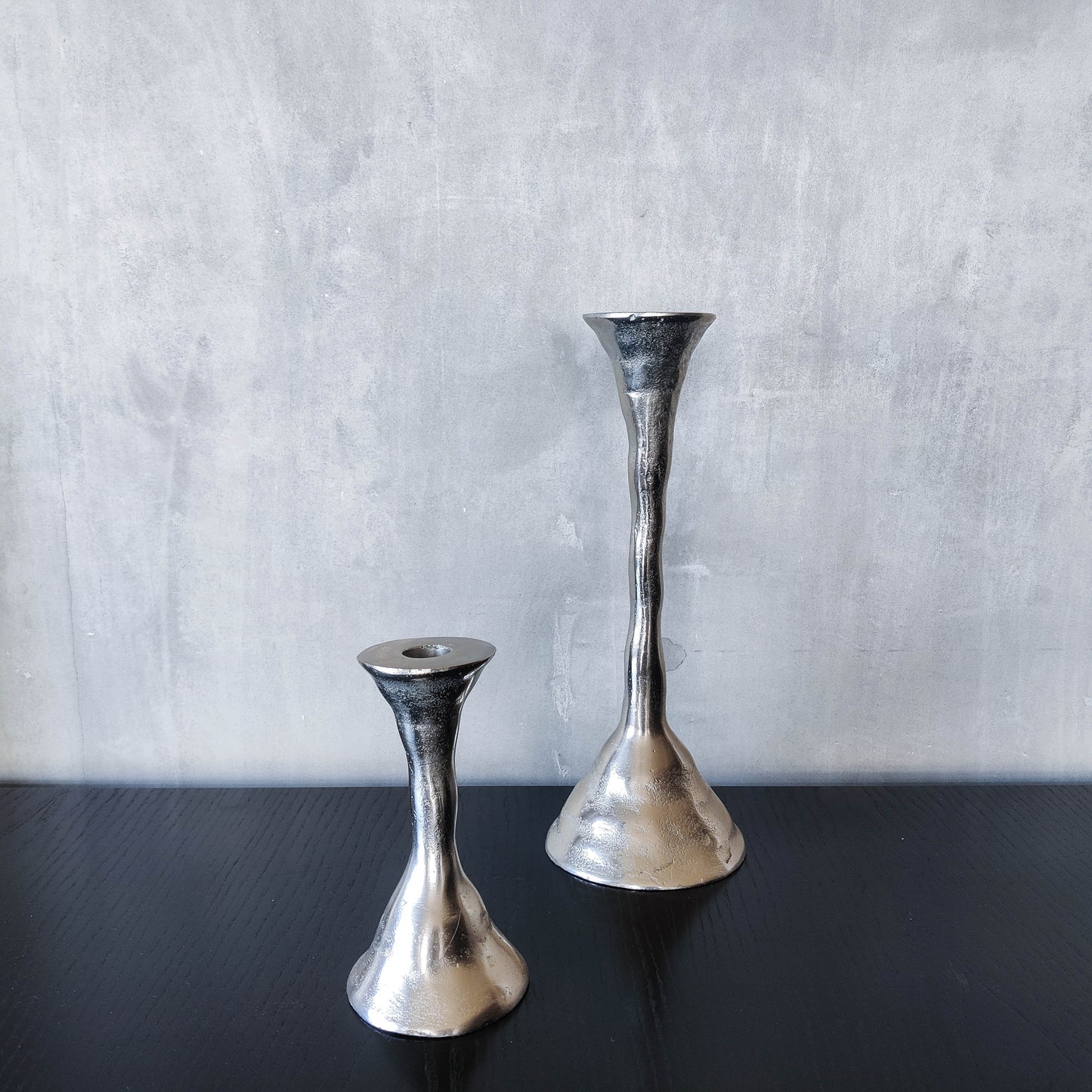 Cast pair aluminium vintage 00s brutalist style sculptural candle holders silver