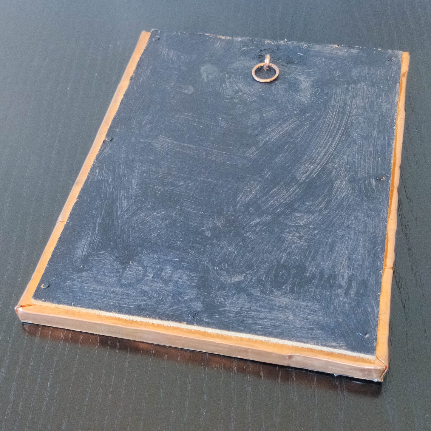 Vintage Arts & Crafts style metalwork welded copper mirror with Ruskin cabochon