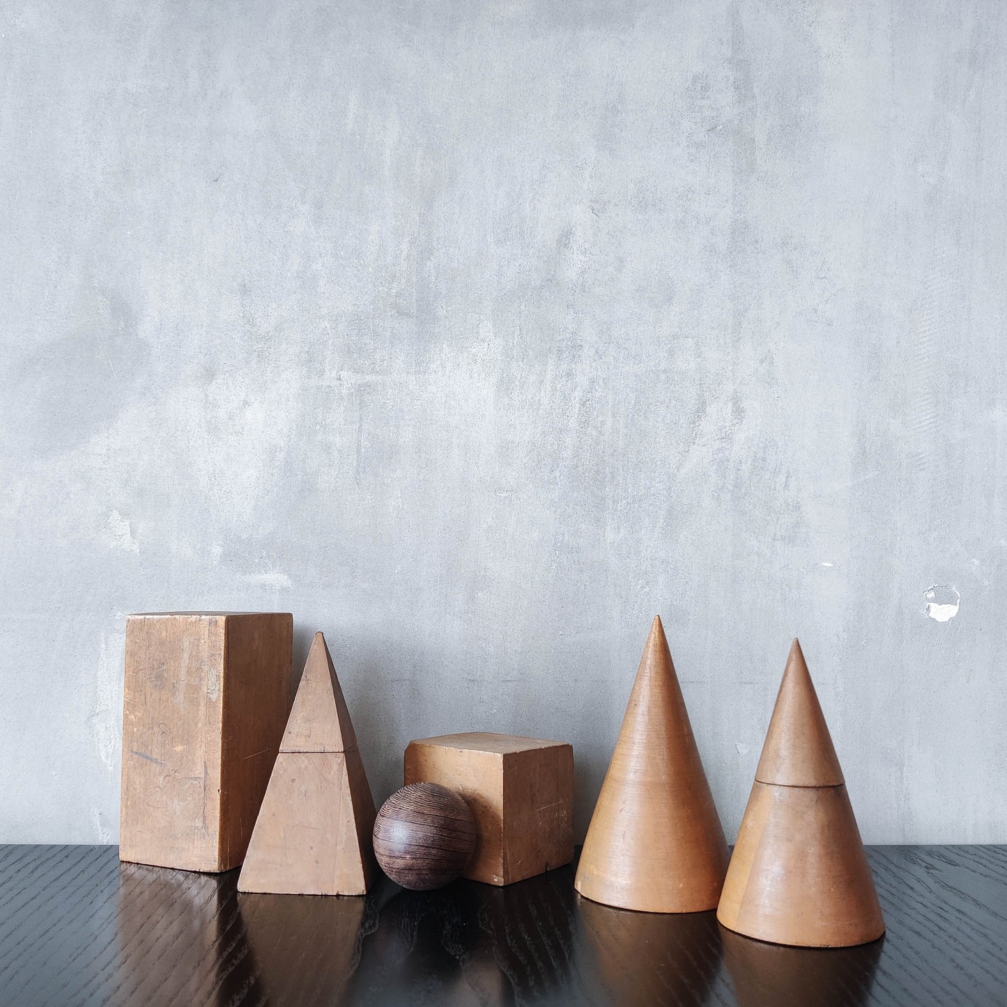 Vintage 1950s set wooden teaching drawing models geometric solids shapes wood