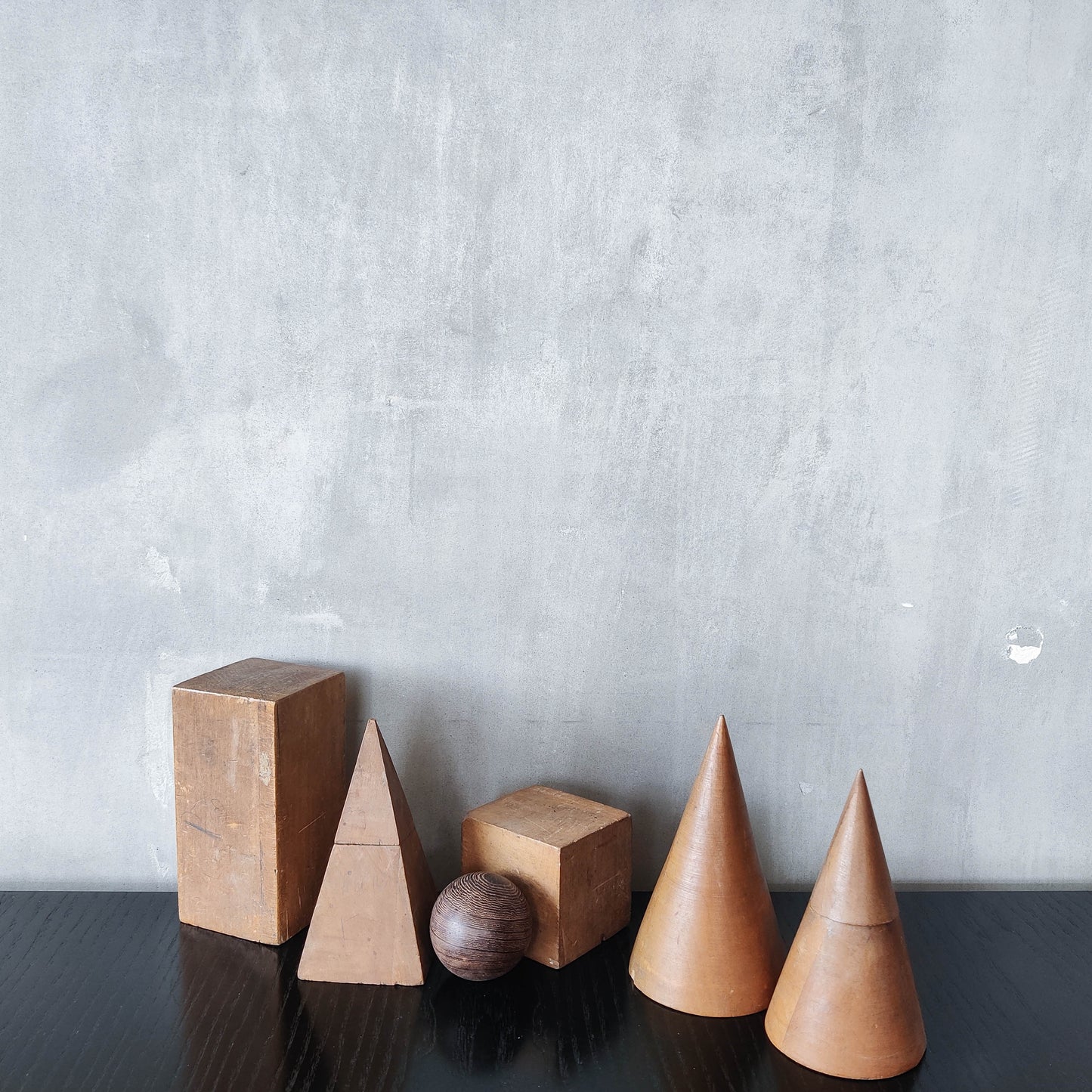 Vintage 1950s set wooden teaching drawing models geometric solids shapes wood