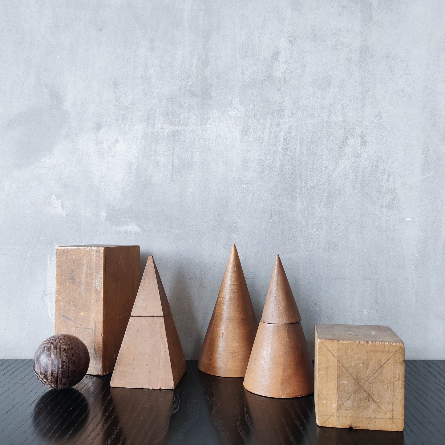 Vintage 1950s set wooden teaching drawing models geometric solids shapes wood