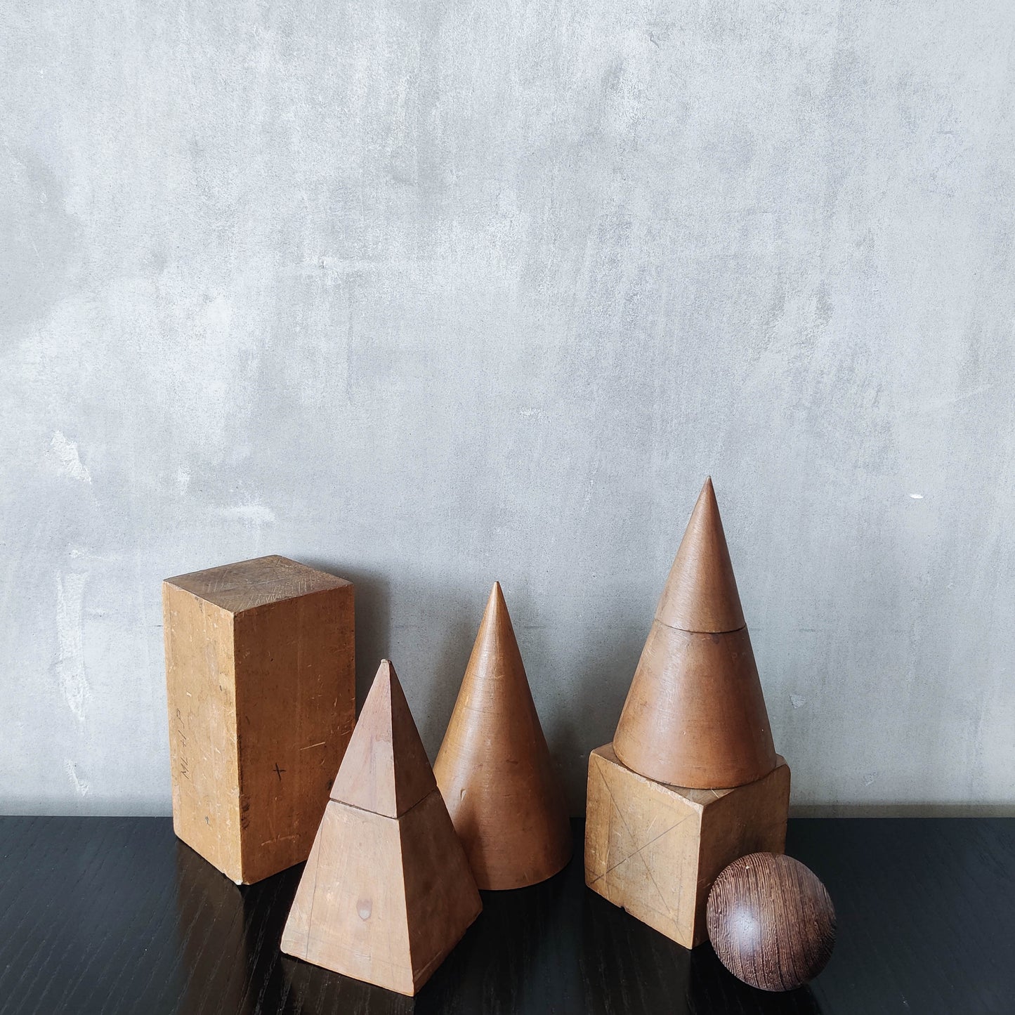 Vintage 1950s set wooden teaching drawing models geometric solids shapes wood