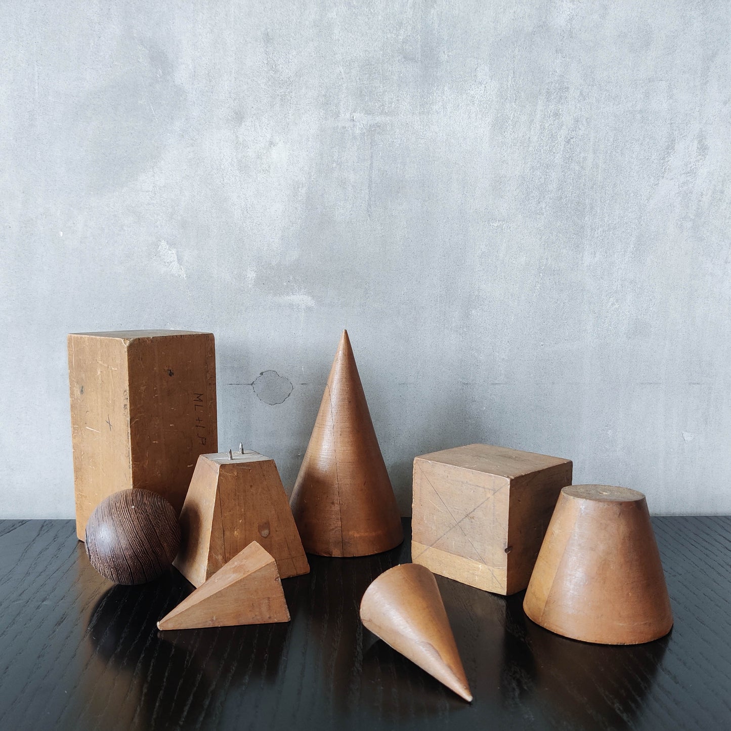 Vintage 1950s set wooden teaching drawing models geometric solids shapes wood