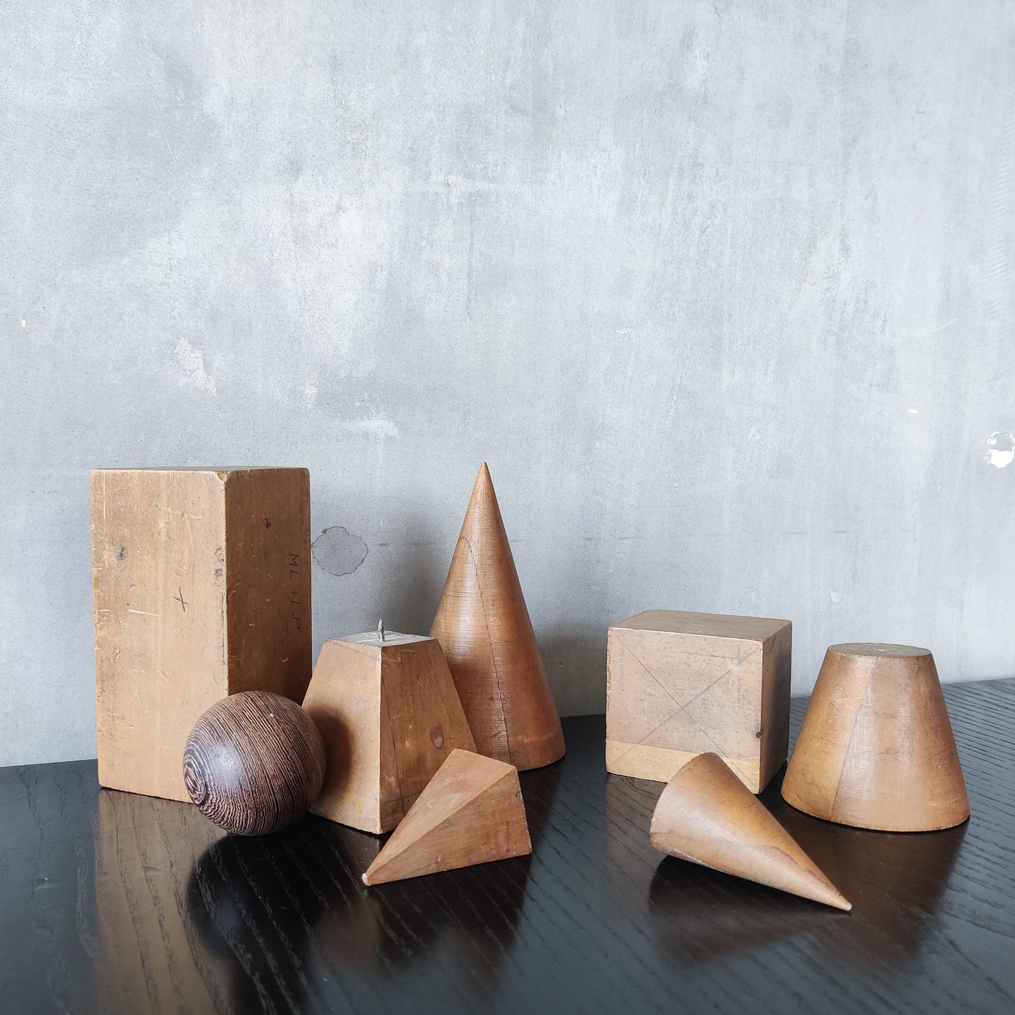 Vintage 1950s set wooden teaching drawing models geometric solids shapes wood