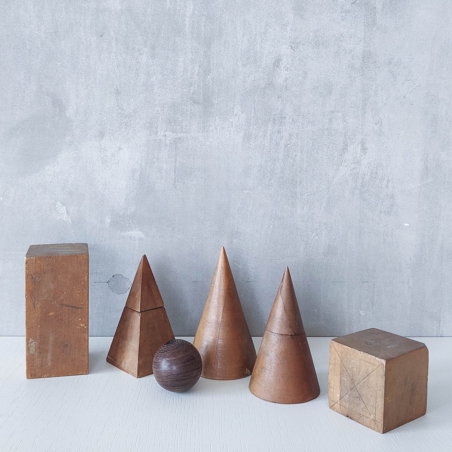 Vintage 1950s set wooden teaching drawing models geometric solids shapes wood