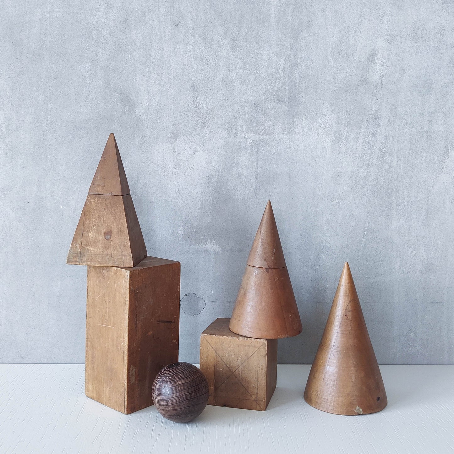 Vintage 1950s set wooden teaching drawing models geometric solids shapes wood