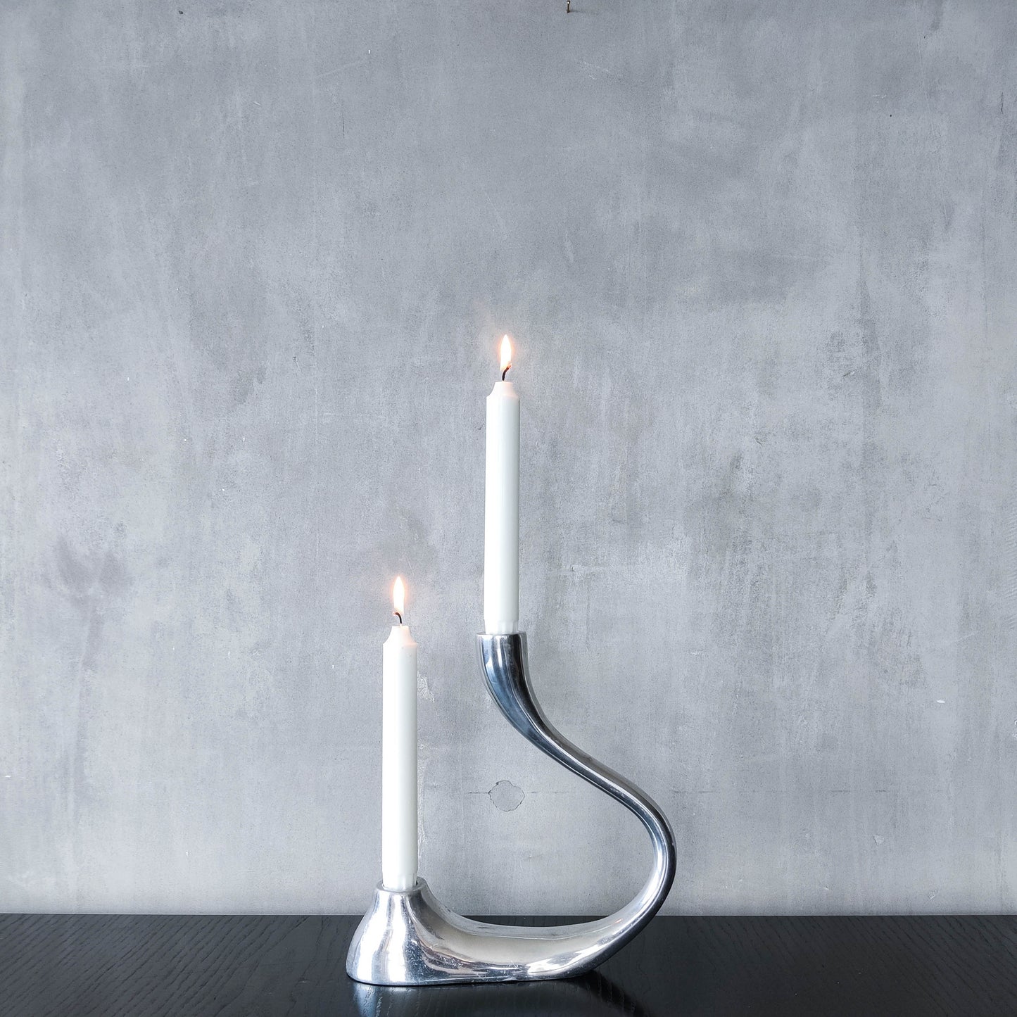 Vintage 1990s cast aluminium sculptural double candle holder candelabra chrome