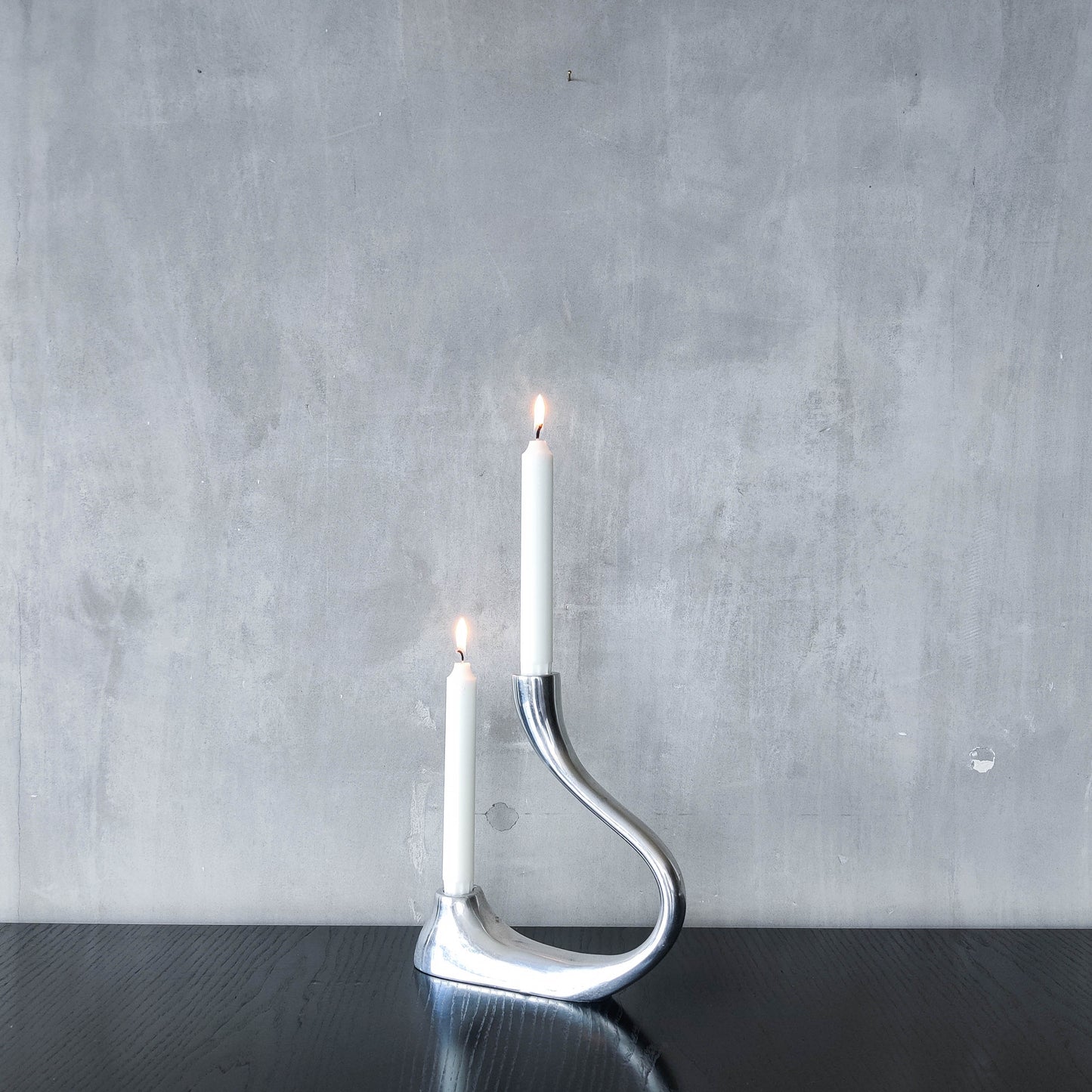 Vintage 1990s cast aluminium sculptural double candle holder candelabra chrome