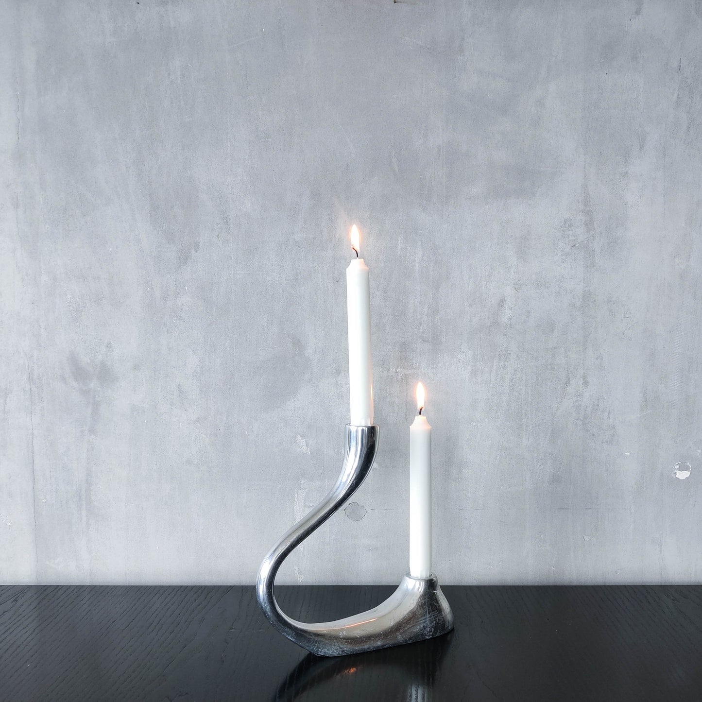 Vintage 1990s cast aluminium sculptural double candle holder candelabra chrome