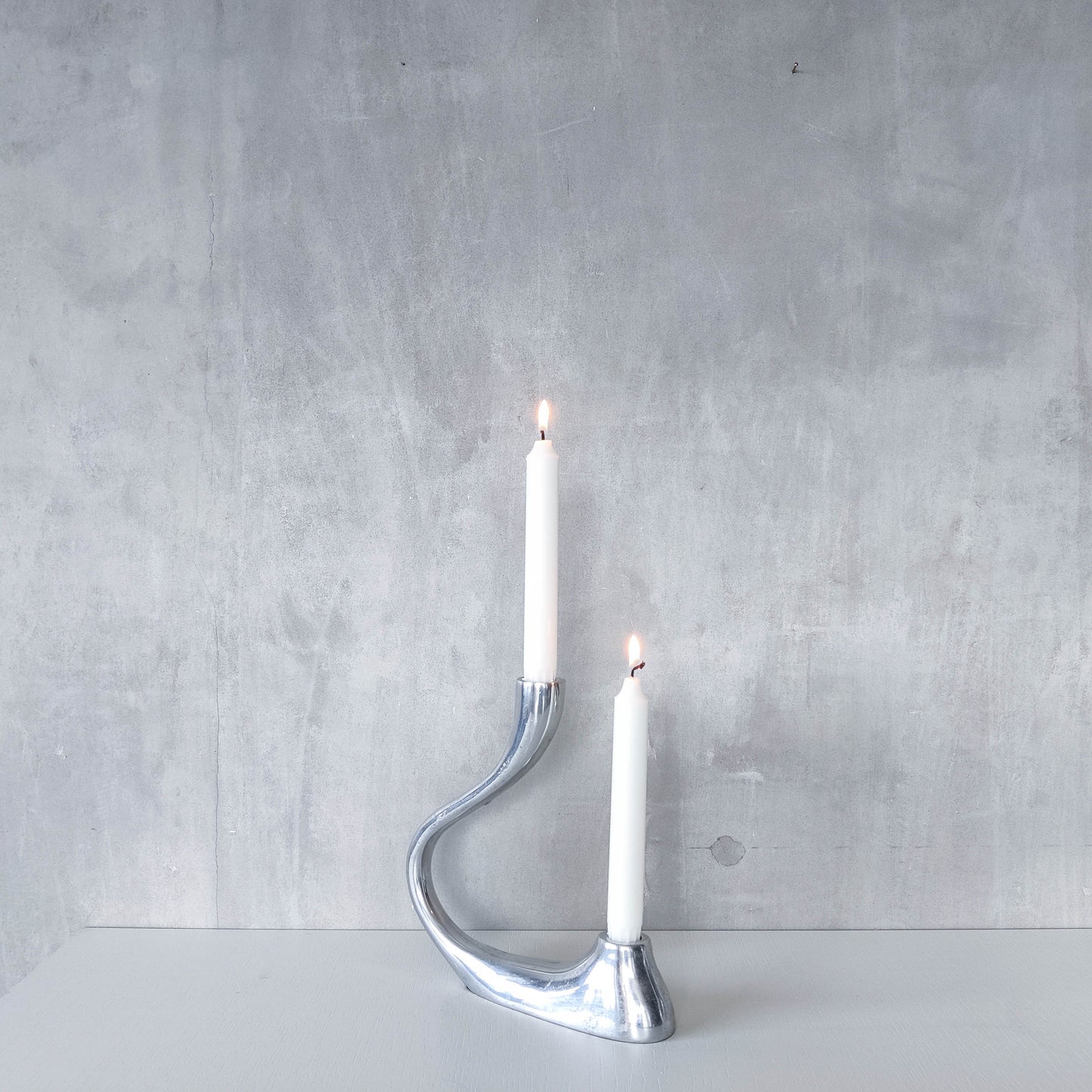 Vintage 1990s cast aluminium sculptural double candle holder candelabra chrome