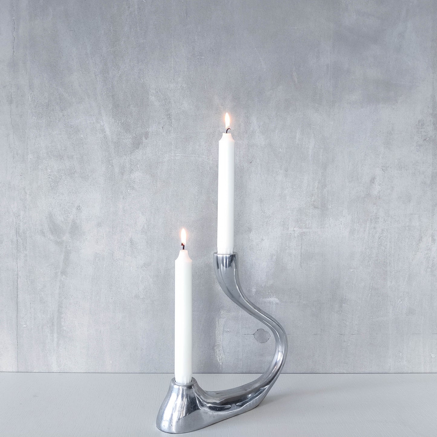 Vintage 1990s cast aluminium sculptural double candle holder candelabra chrome