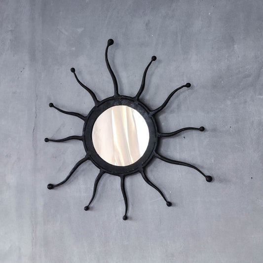 Vintage 1990s hand made artisan metal work wrought iron sun burst mirror