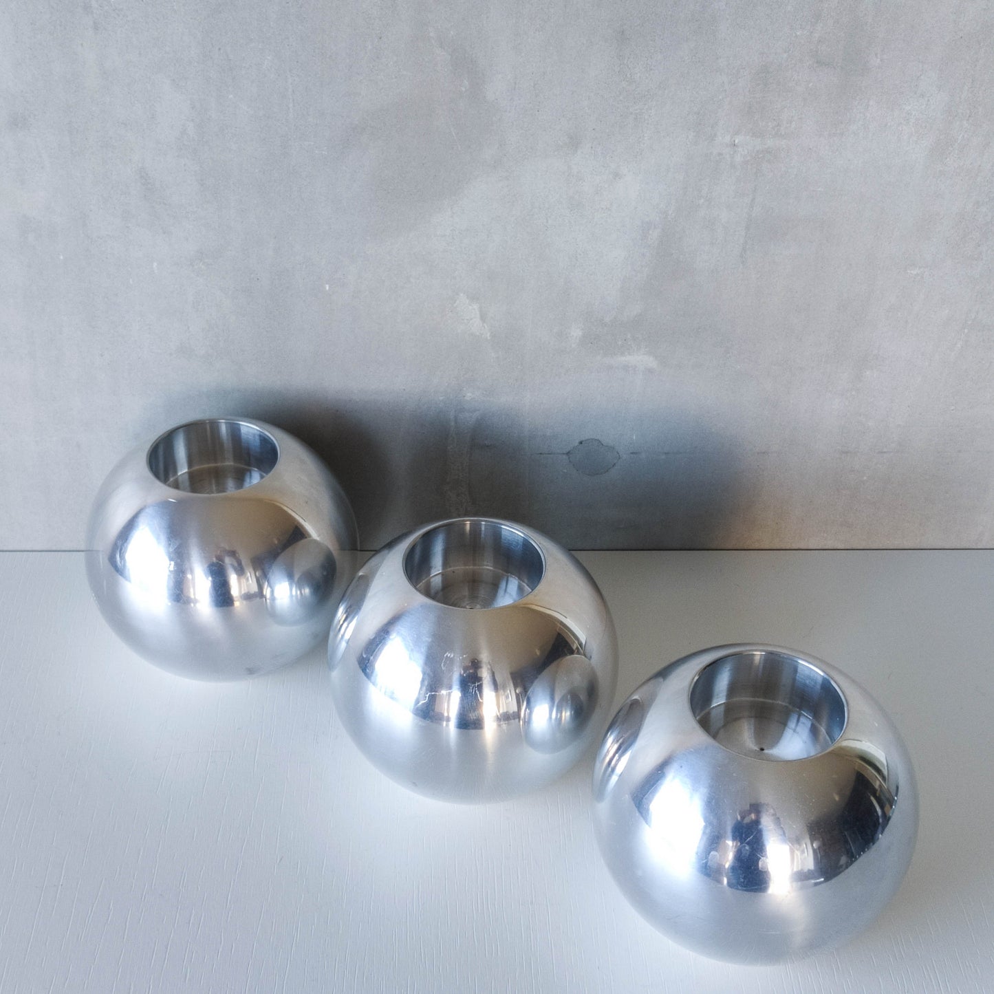 Trio of vintage 00s Ikea NÄSSJÖ aluminium sphere candle holders Ehlén Johansson