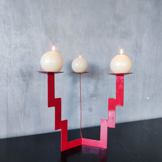 Vintage postmodern style large red steel zigzag candelabra