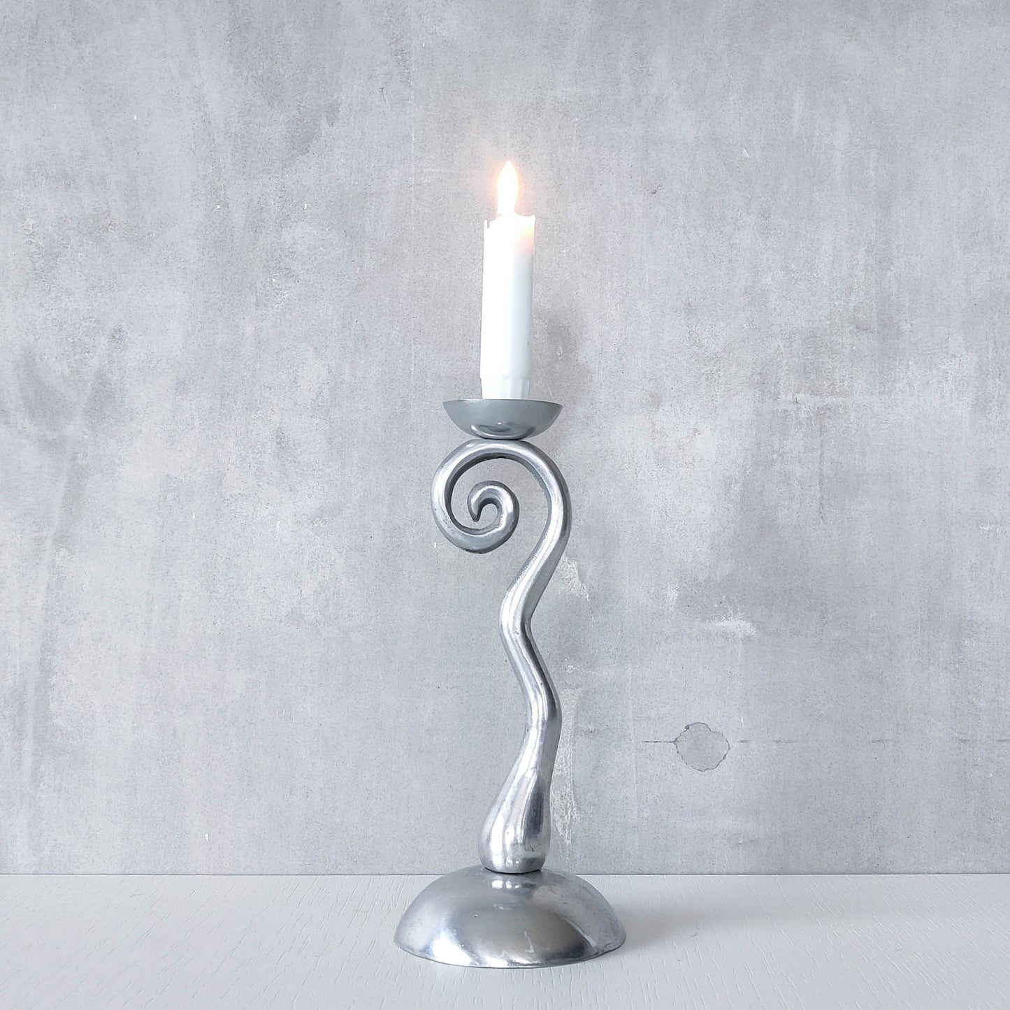 Vintage 1980s cast aluminium chunky spiral sculptural candle holder with pricket top